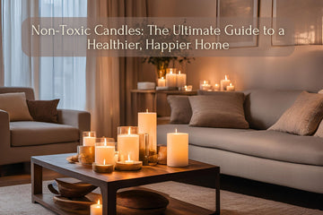 A collection of eco-friendly, hand-poured soy wax candles with calming scents like lavender, vanilla, and jasmine in decorative holders.