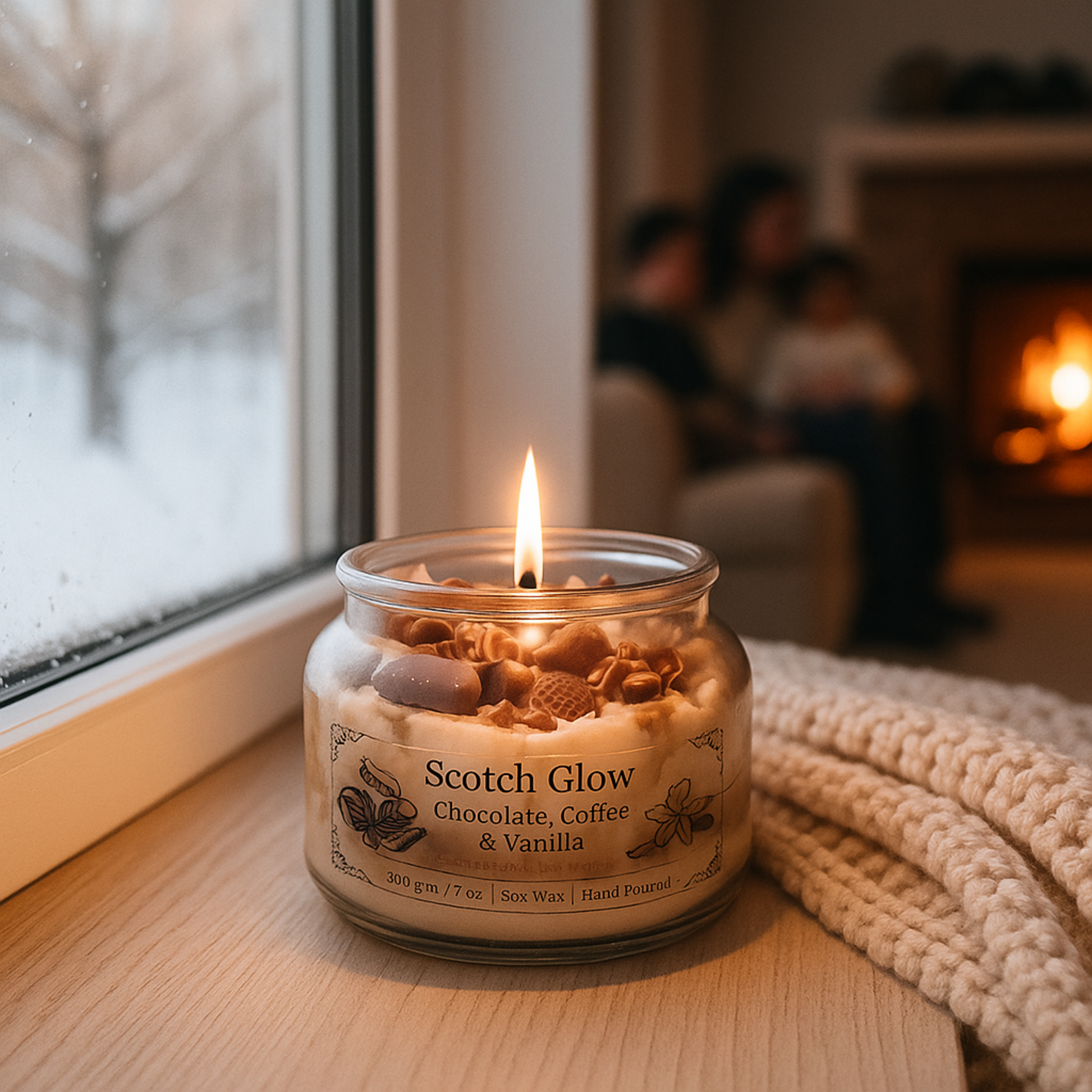 Eco friendly candle labeled 'Scotch Glow' on a windowsill with a cozy indoor background