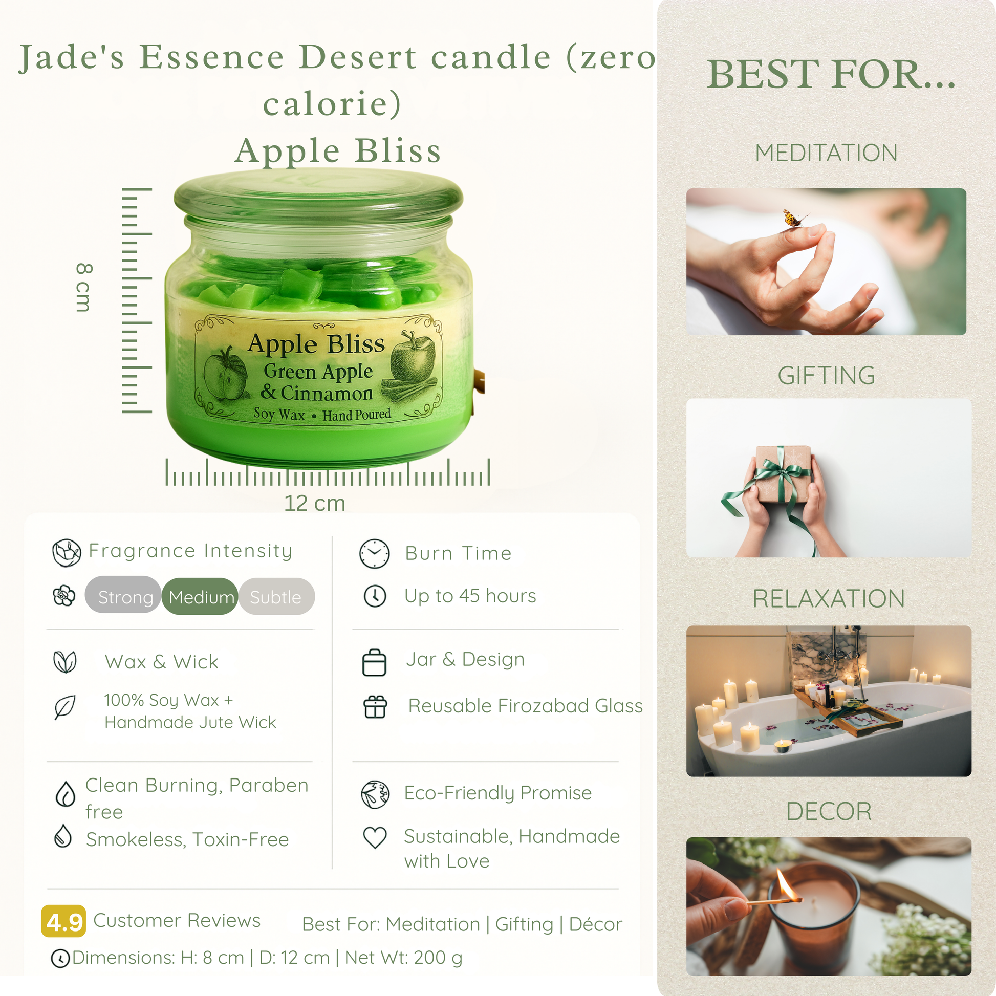 Green Eco friendly candle jar labeled 'Apple Bliss' with product details on a white background