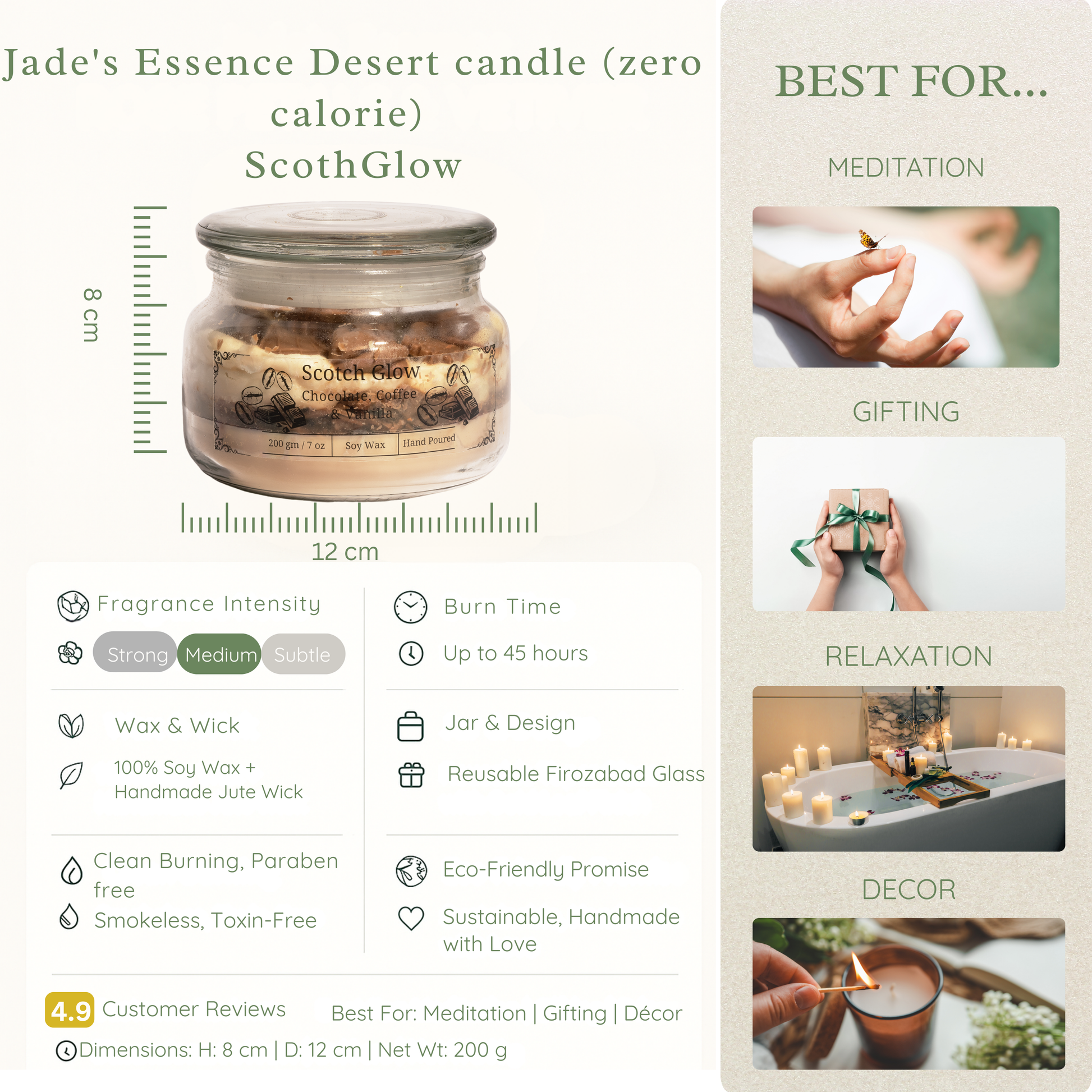Eco friendly candle ScotGlow candle with product details and usage suggestions on a white background
