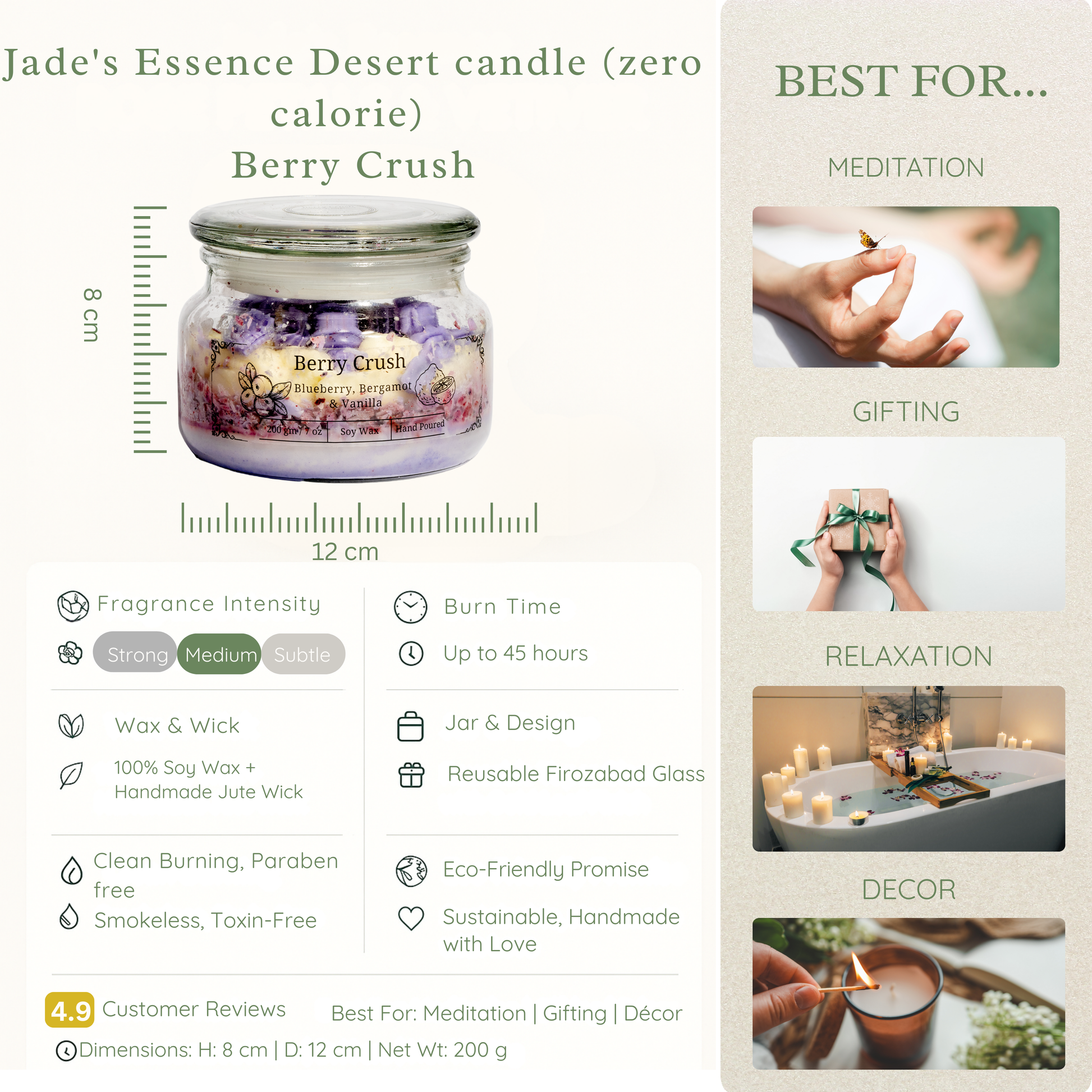 Jade's Essence Desert Eco friendly candle with dimensions, features, and usage suggestions on a white background.