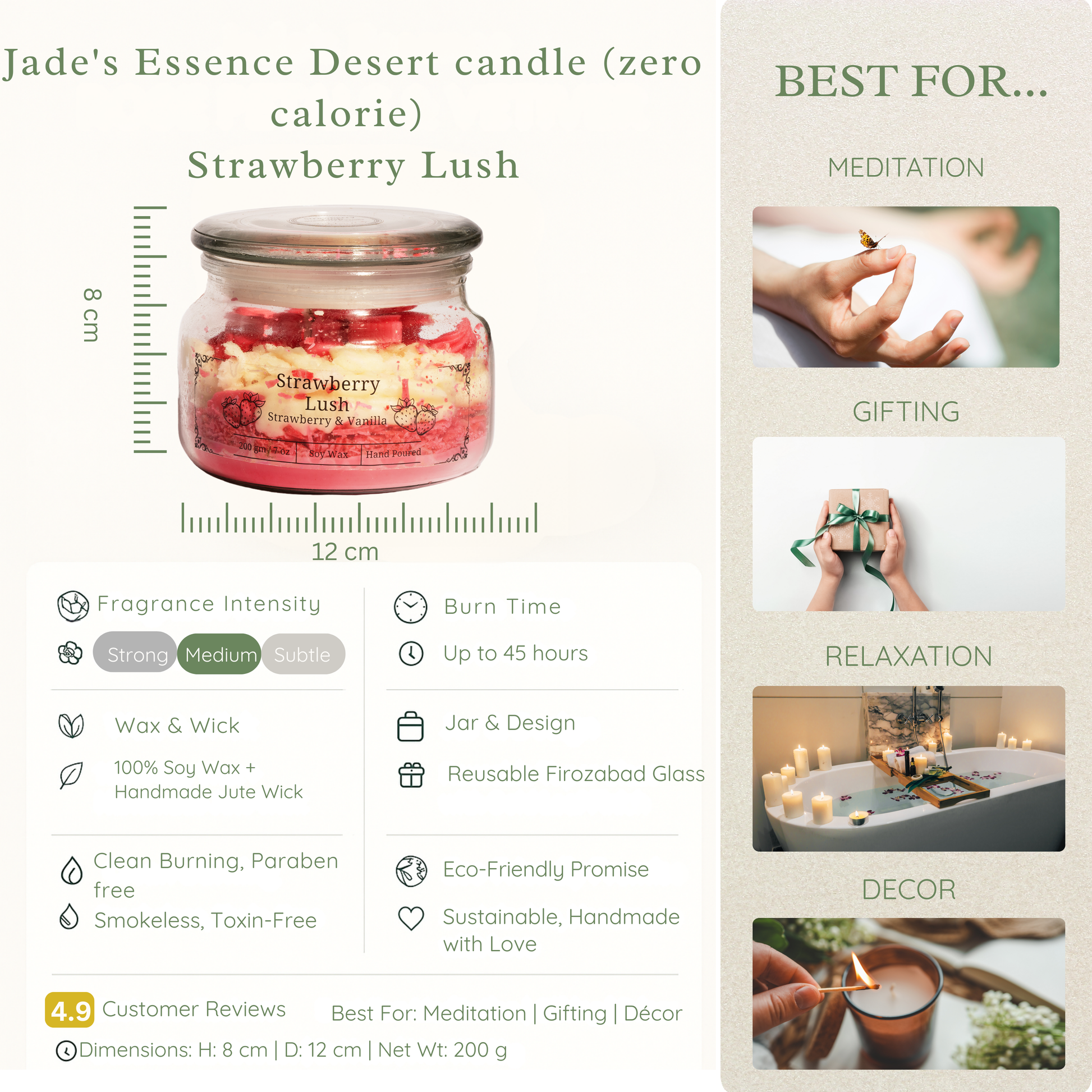 Jade's Essence Strawberry Lush Eco friendly candle with product details and usage suggestions on a white background