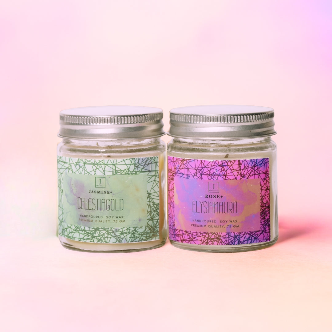 Two jars of eco friendly candles with colorful labels