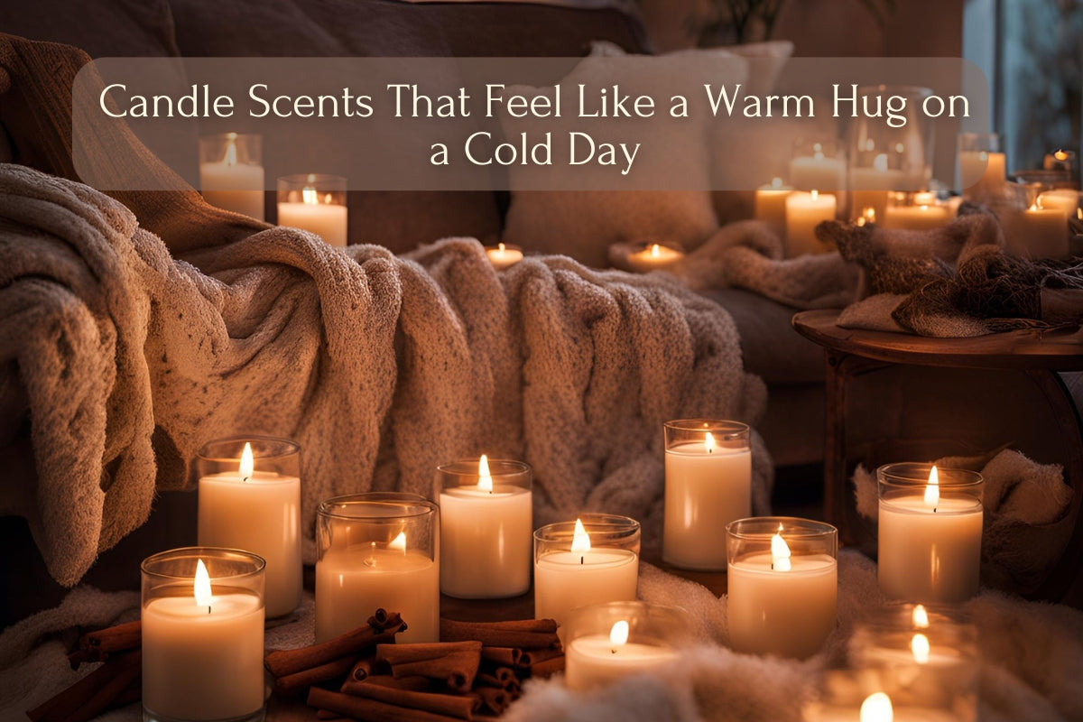 Collection of eco-friendly, hand-poured scented candles with lavender, vanilla, and festive holiday scents in elegant holders.