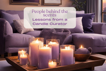 Gentle lavender candles arranged in a cozy living room setting.