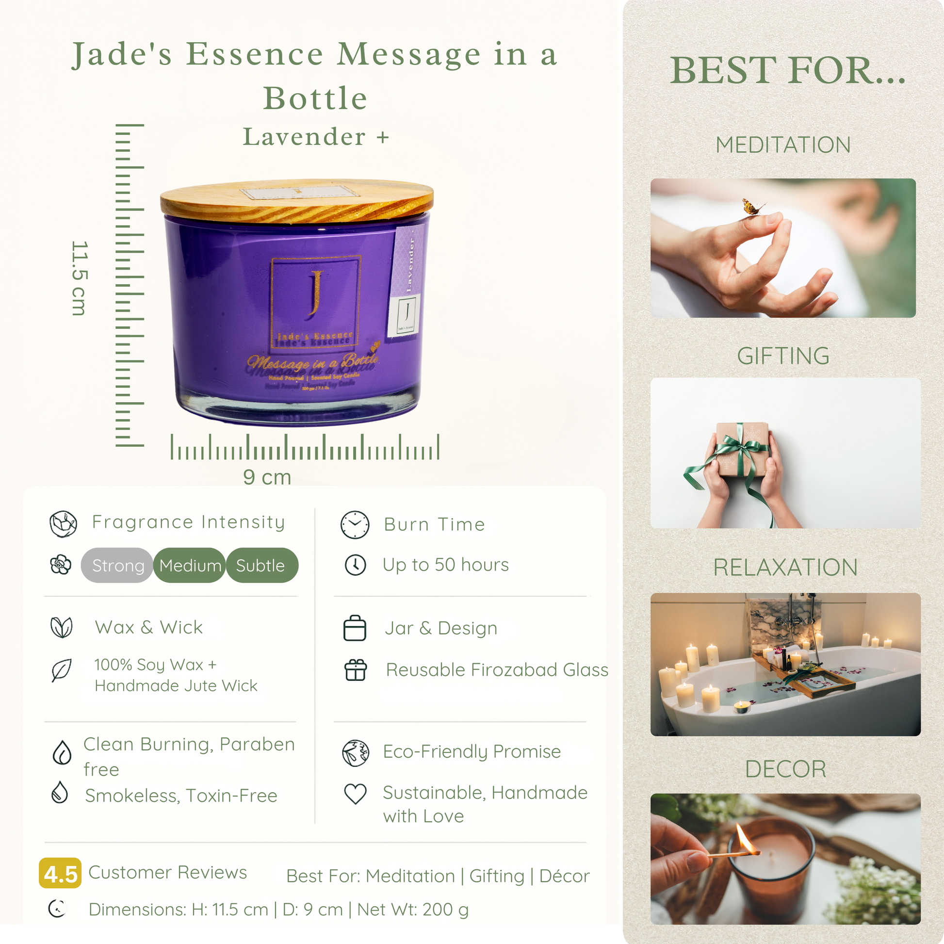 Eco friendly  Purple candle with wooden lid on a product page, featuring dimensions, fragrances, and uses.