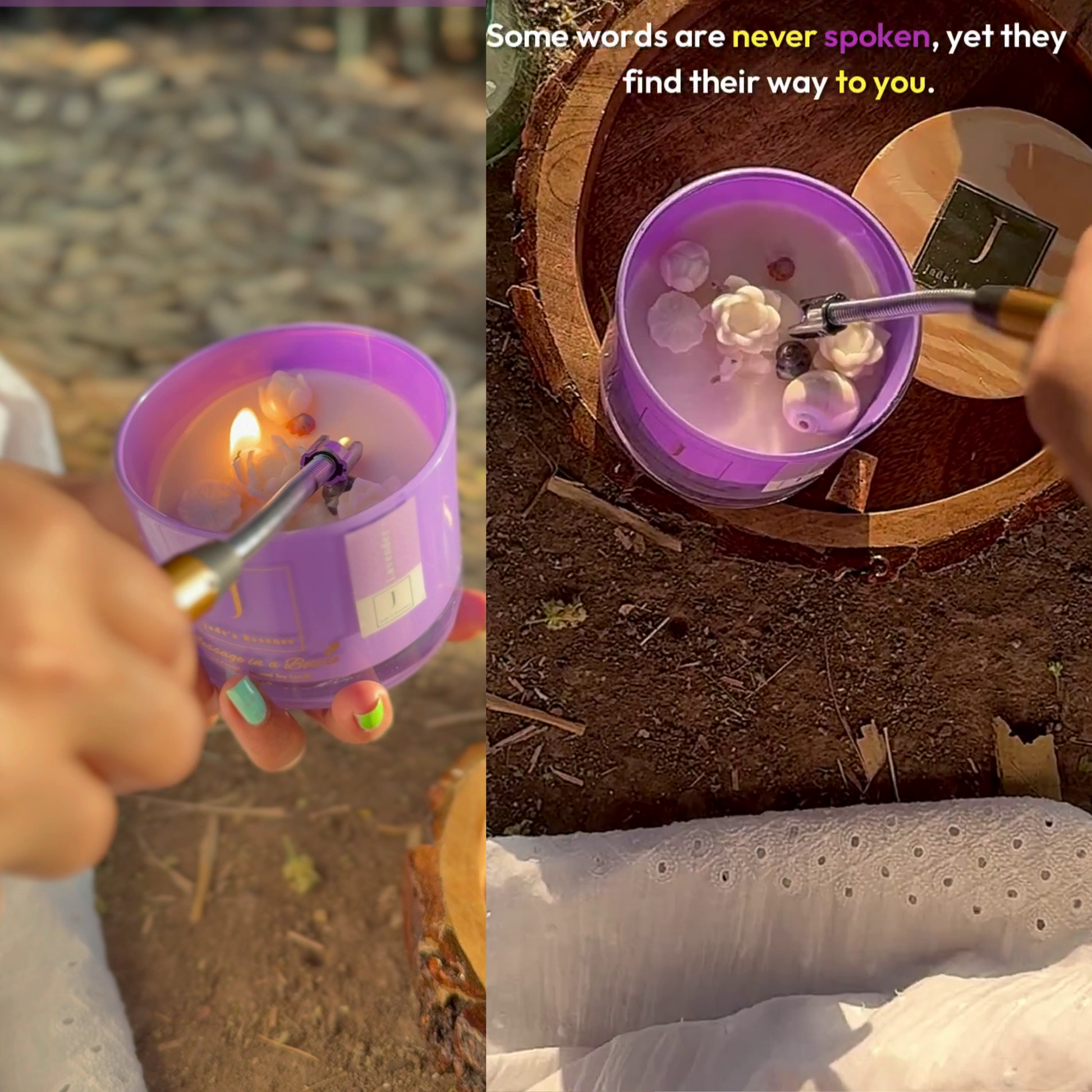 Eco friendly  candle  of a purple container with a flame, a bowl with flowers, and text on a wooden surface.