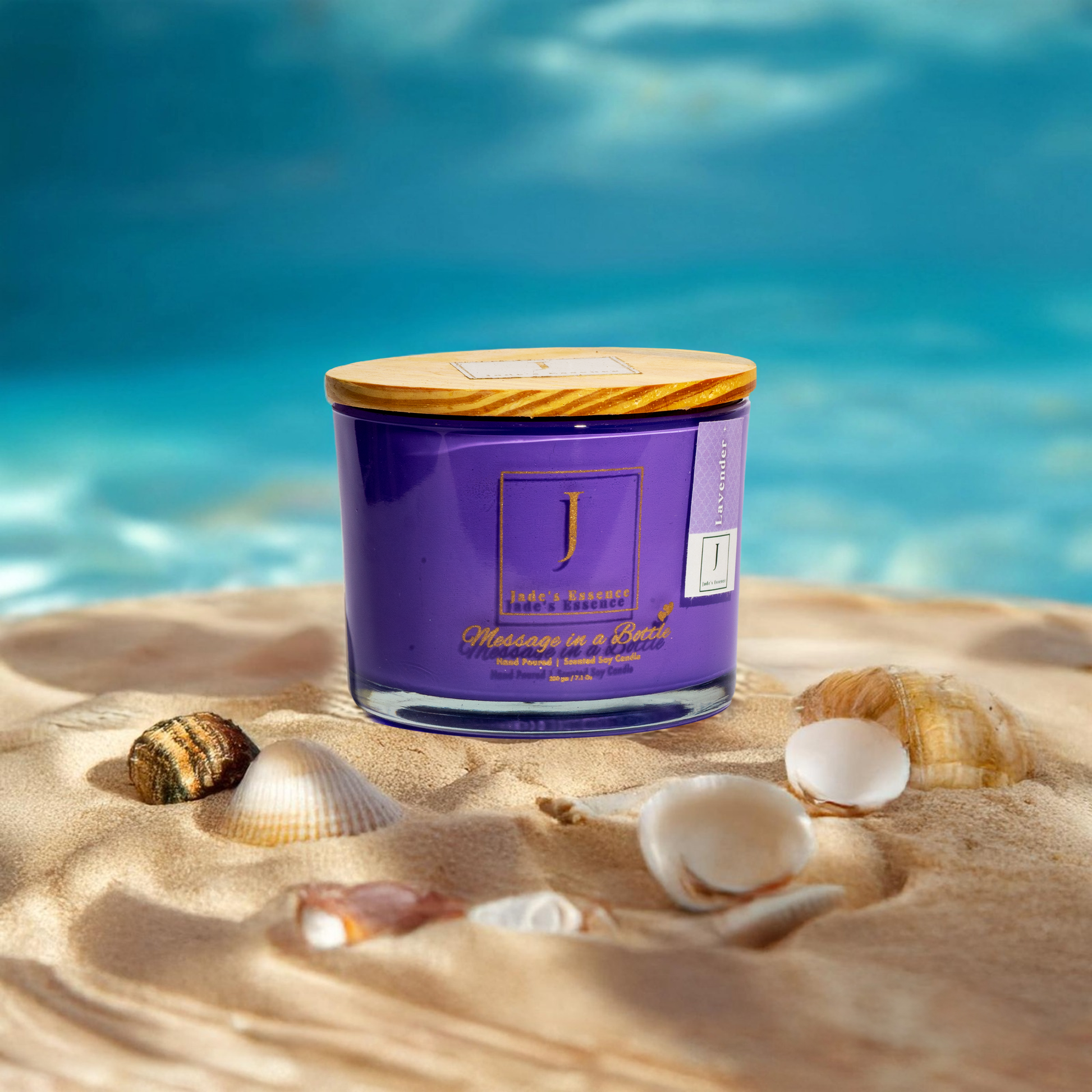 eco friendly Purple candle with a wooden lid on sand with shells and ocean in the background