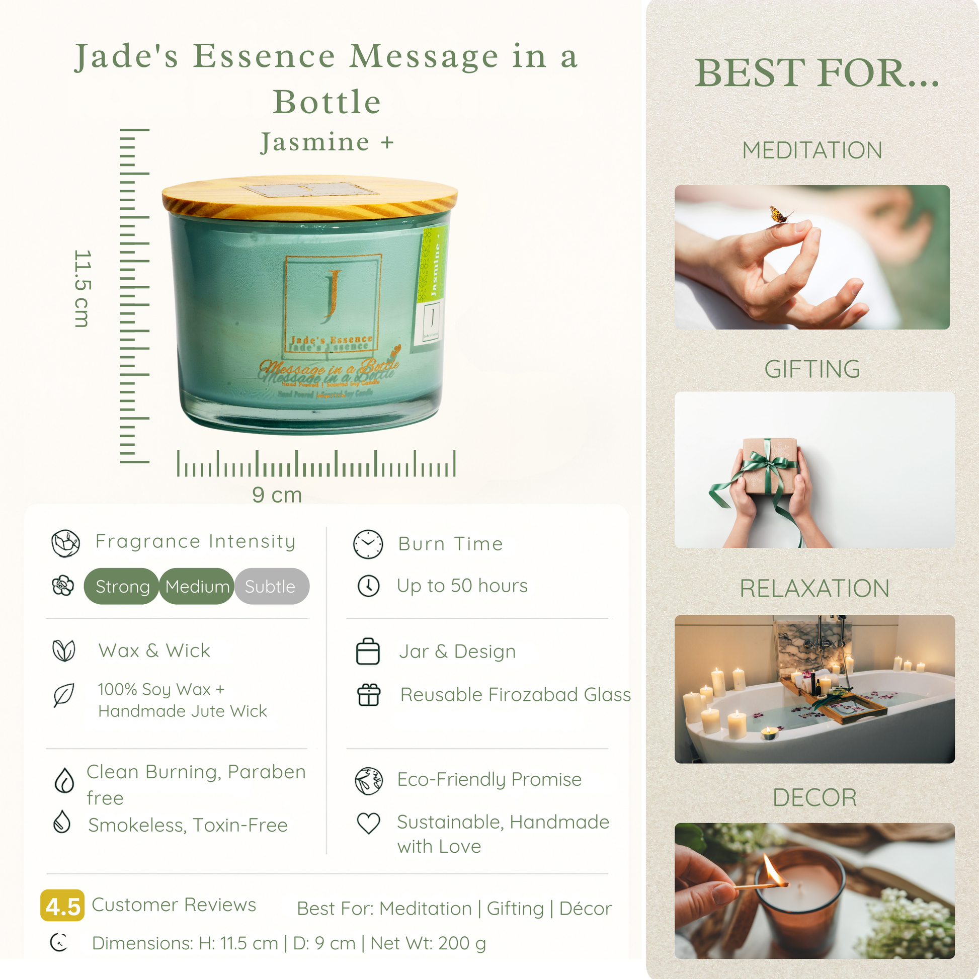 Eco friendly  Candle with measurement scale and usage suggestions on a white background