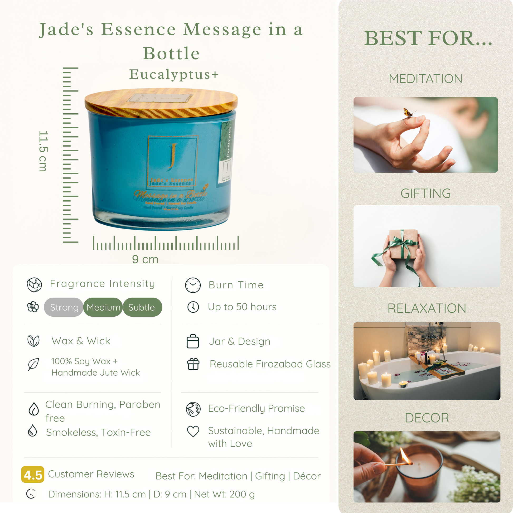 Eco friendly  Candle with packaging details and usage suggestions on a light beige background