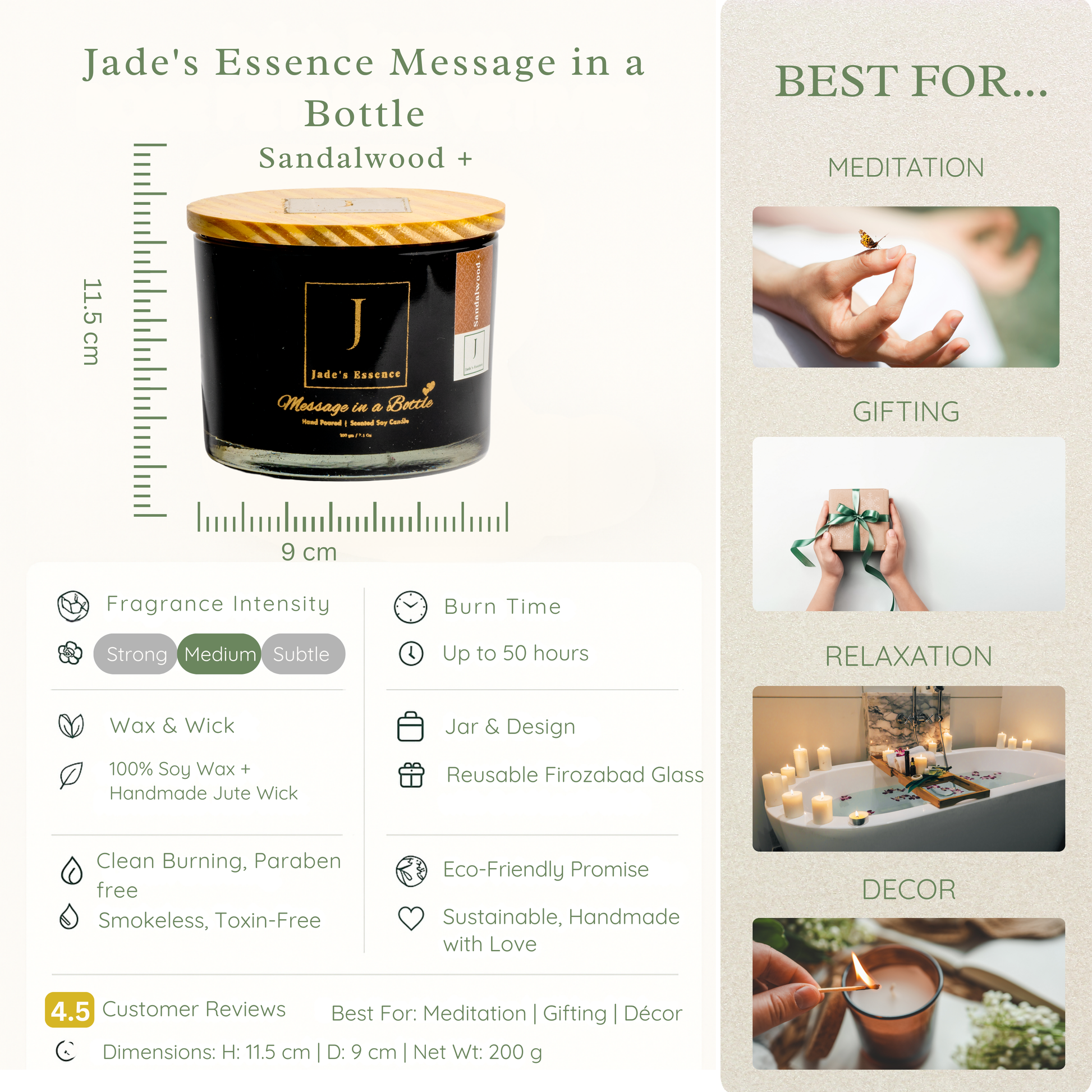 Eco friendly  Candle with packaging details and usage suggestions on a white background