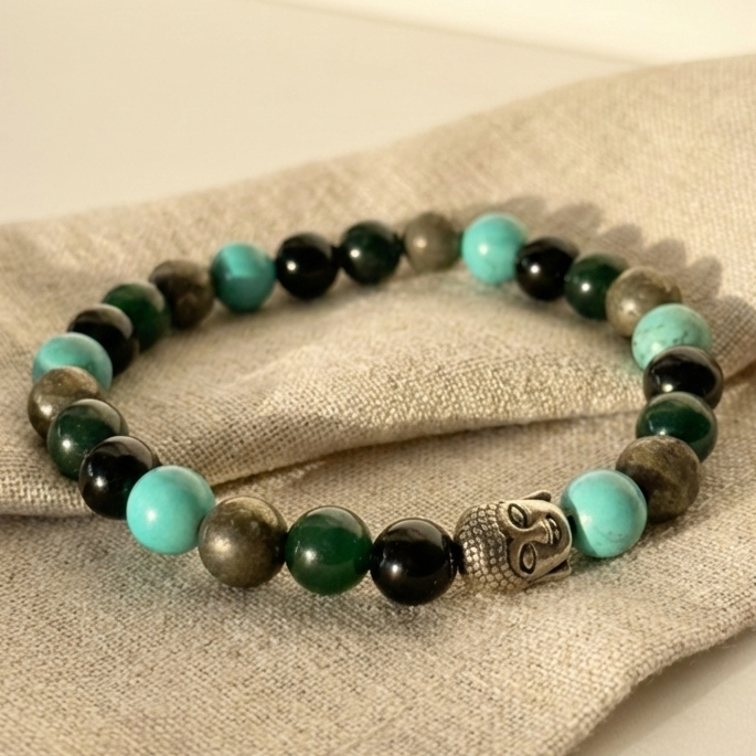 Beaded bracelet with turquoise and black beads on a beige fabric background