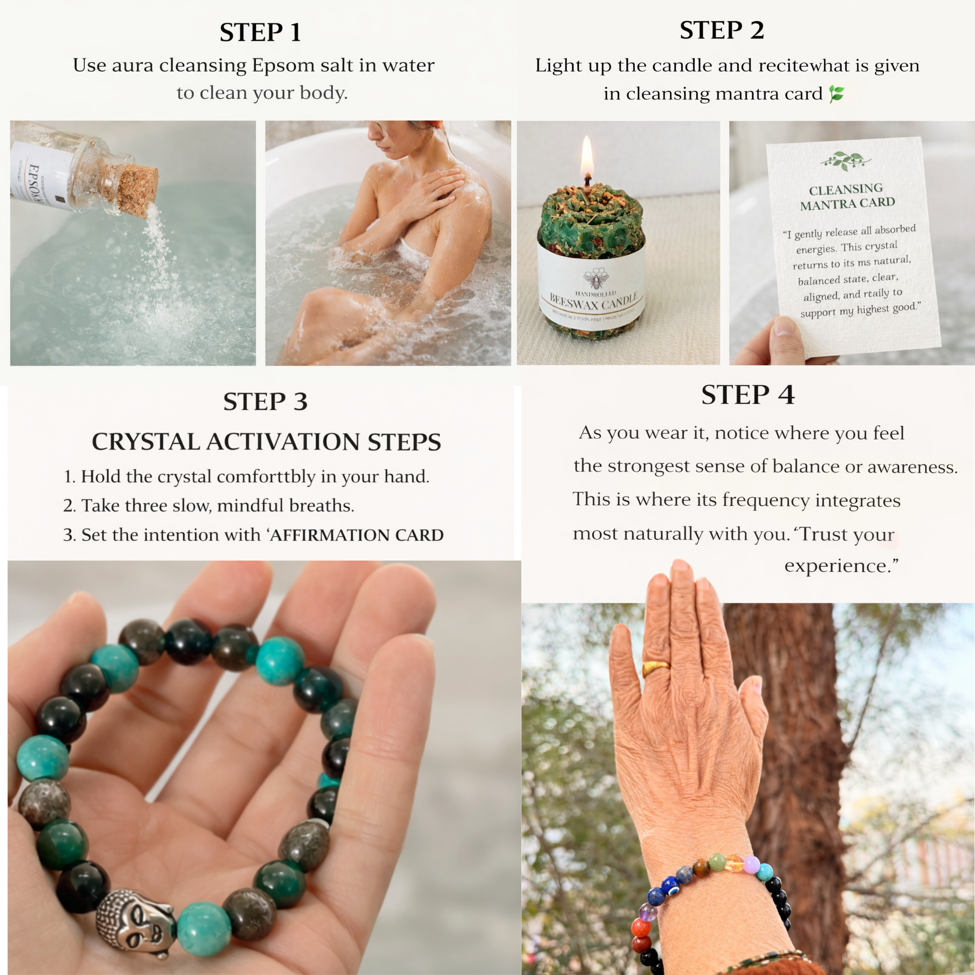 Steps for aura cleansing, using Epsom salt, lighting a candle, holding an affirmation card, and wearing a crystal bracelet.
