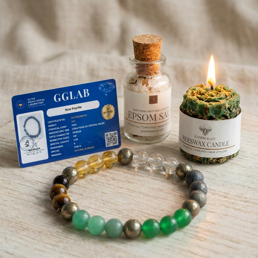 Bracelet, bottle of Epsom salt, and candle on a wooden surface with a GGLAB card in the background.