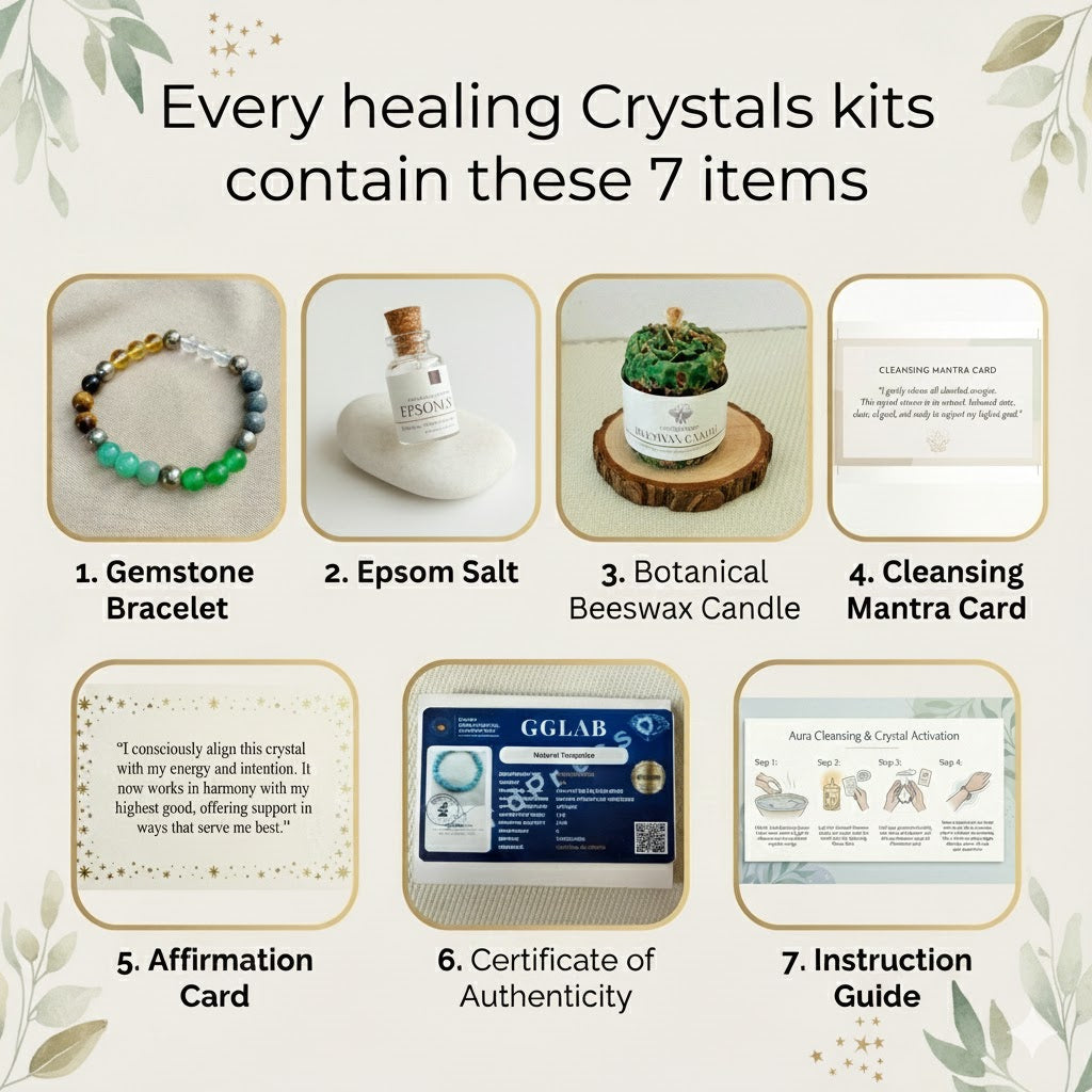 List of items included in a healing crystals kit with corresponding images and descriptions.