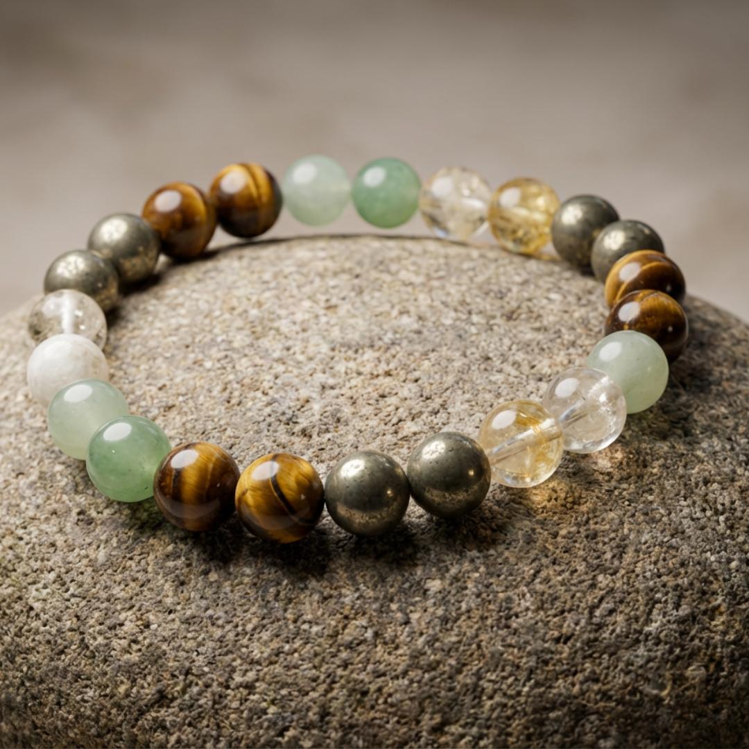 Beaded bracelet with various colored beads on a stone surface