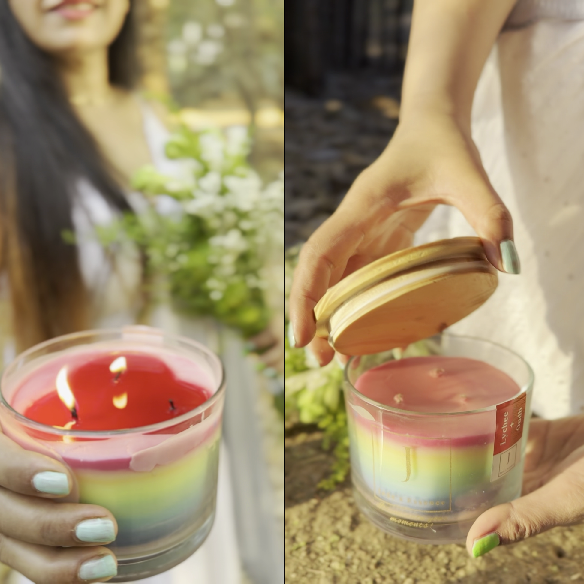 Gay and LGBTQ friendly Ecofriendly  pride candle Lychee and Oudh fragranced from jade's essence .Person holding a colorful candle outdoors with a close-up of the candle's lid.