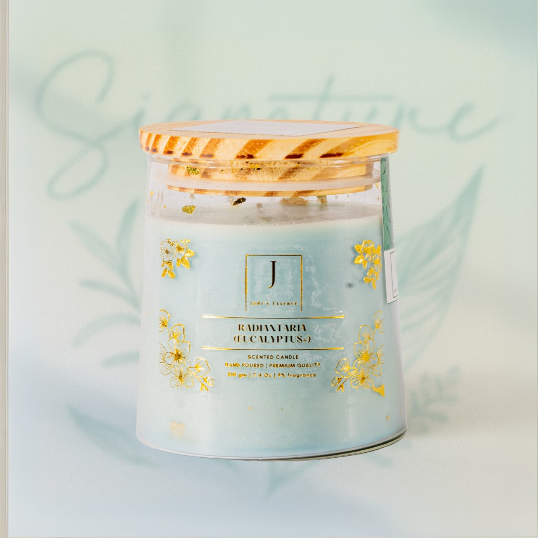 eco friendly Candle with decorative label on a light background Jade's essence 