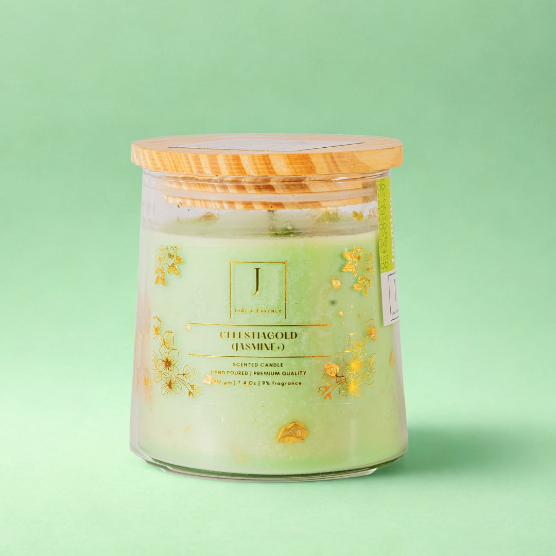 eco friendly candle with decorative label on a light green background