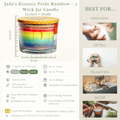 Gay and LGBTQ friendly Ecofriendly  pride candle Lychee and Oudh fragranced from jade's essence Jade's Essence Pride Rainbow candle with product details on a website page.