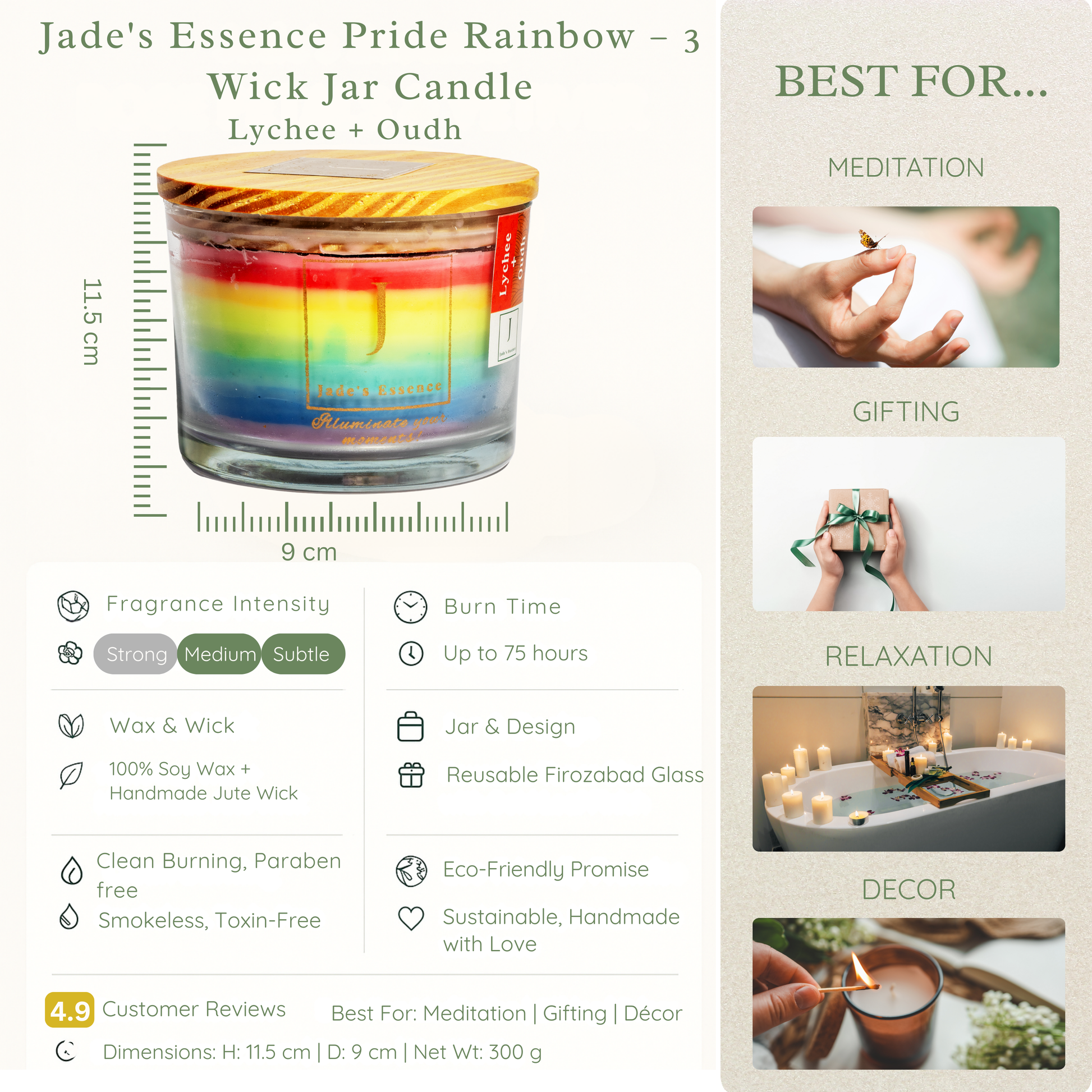 Gay and LGBTQ friendly Ecofriendly  pride candle Lychee and Oudh fragranced from jade's essence Jade's Essence Pride Rainbow candle with product details on a website page.