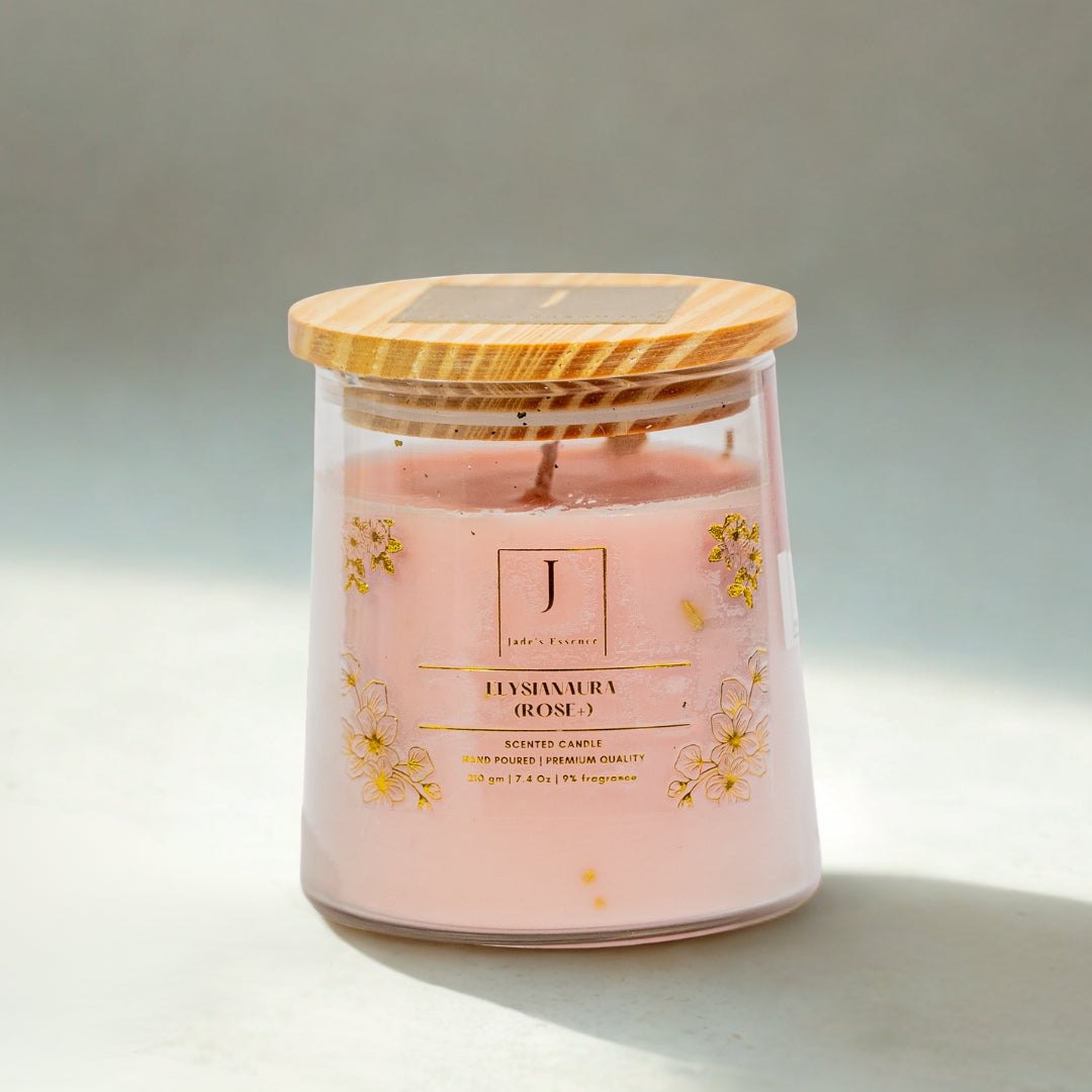eco friendly candle in a glass jar with a wooden lid on a light background