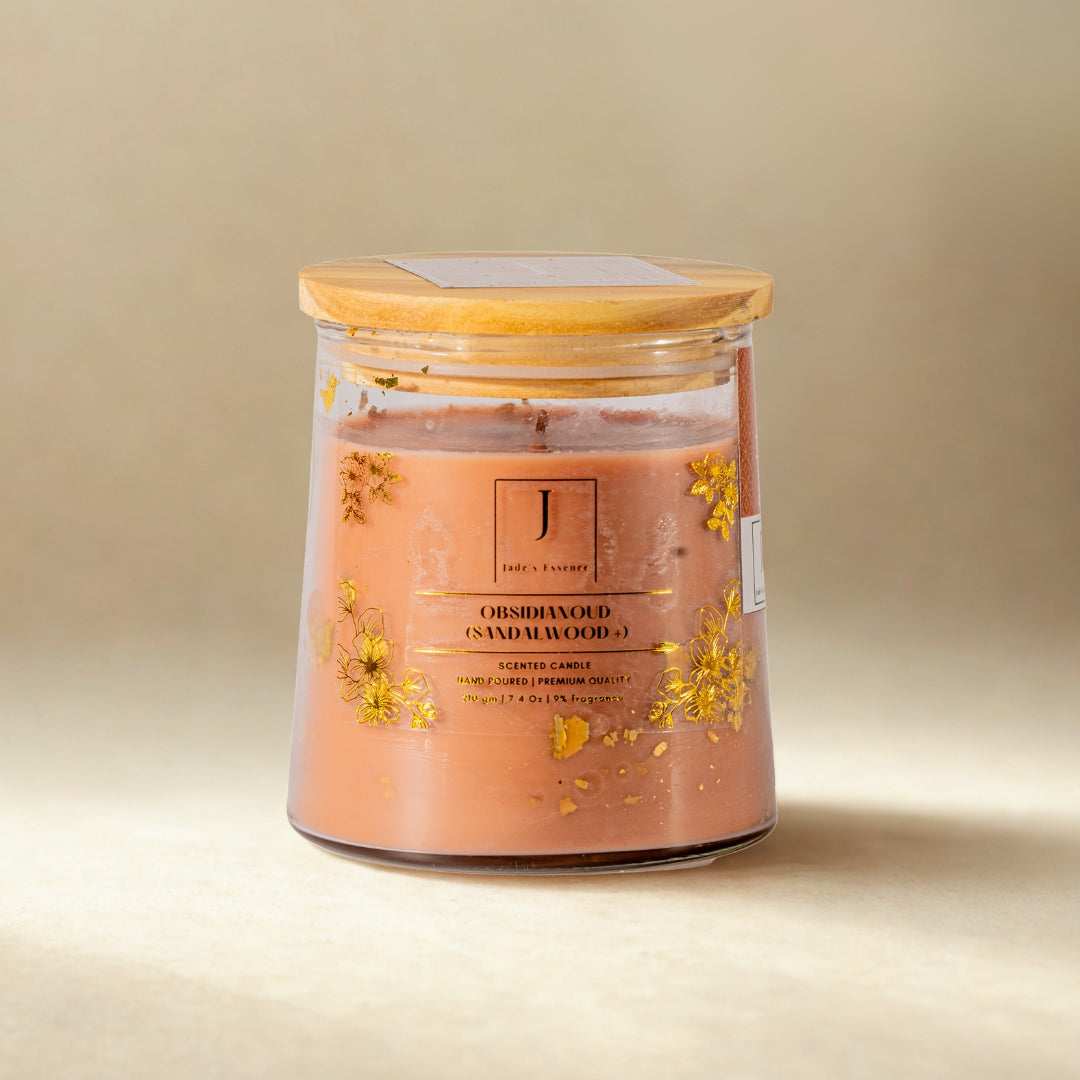 eco friendly Scented candle in a glass jar with a wooden lid on a beige background