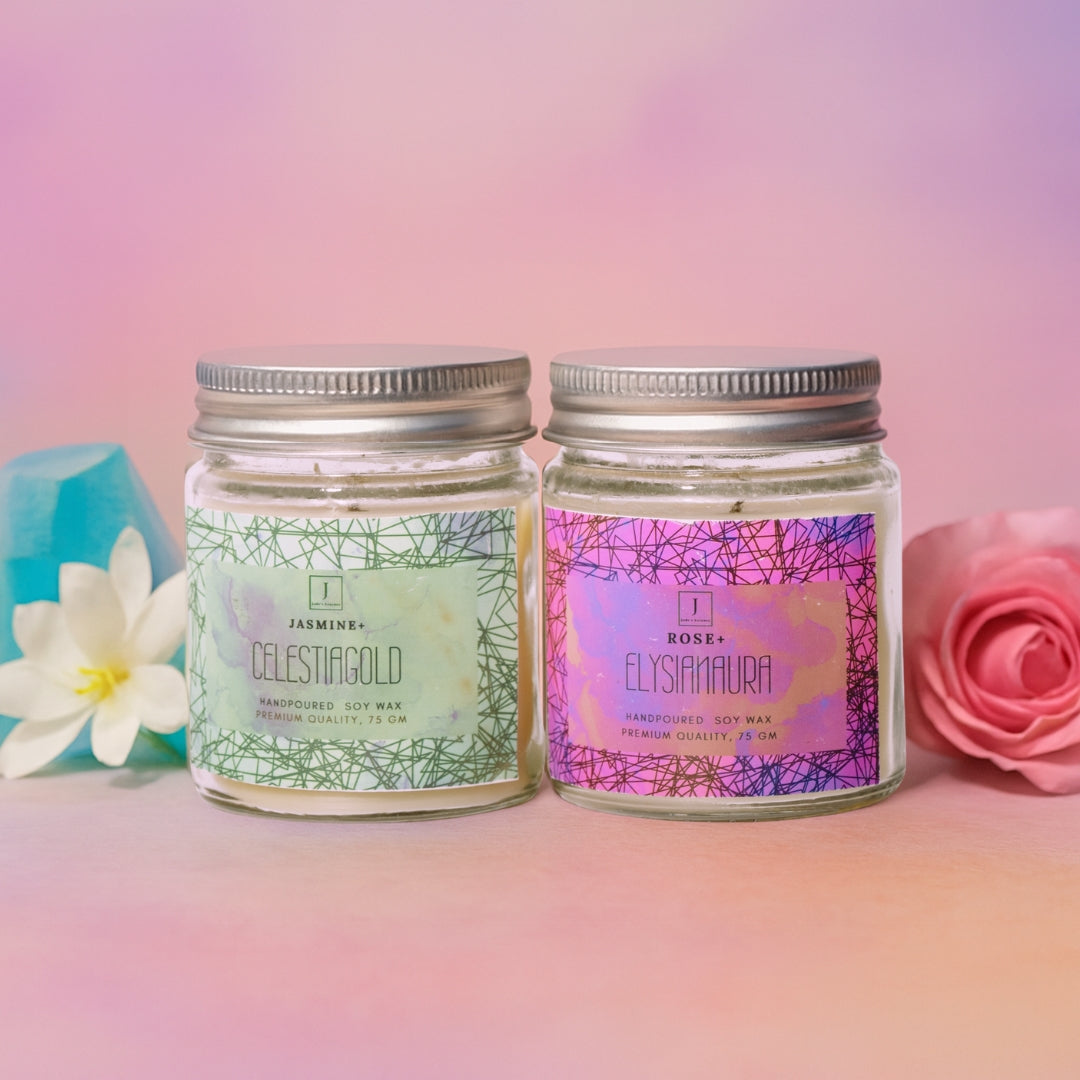 Two jars of eco friendly candles with colorful labels 