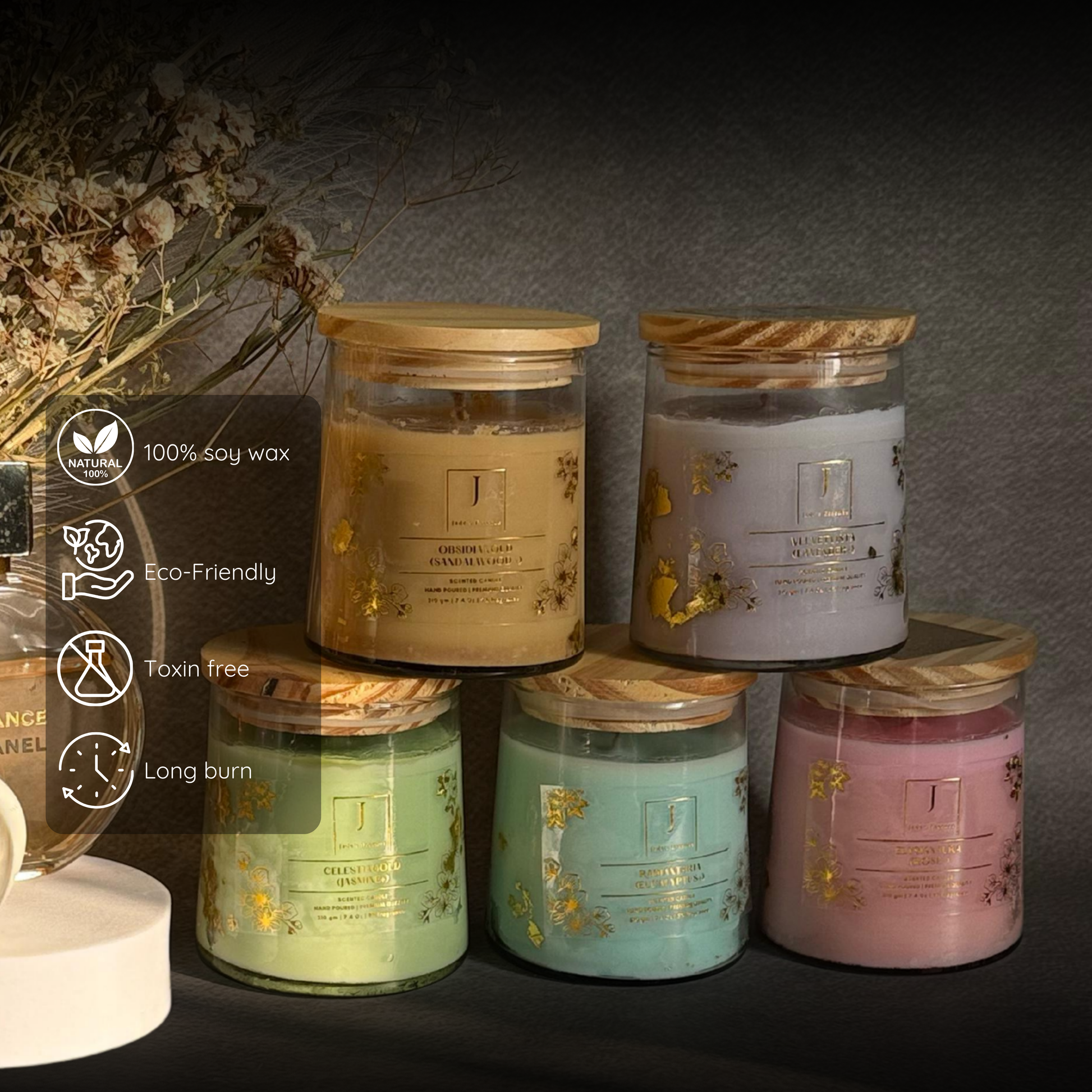 Set of Eco friendly candle in various colors with labels on a dark background