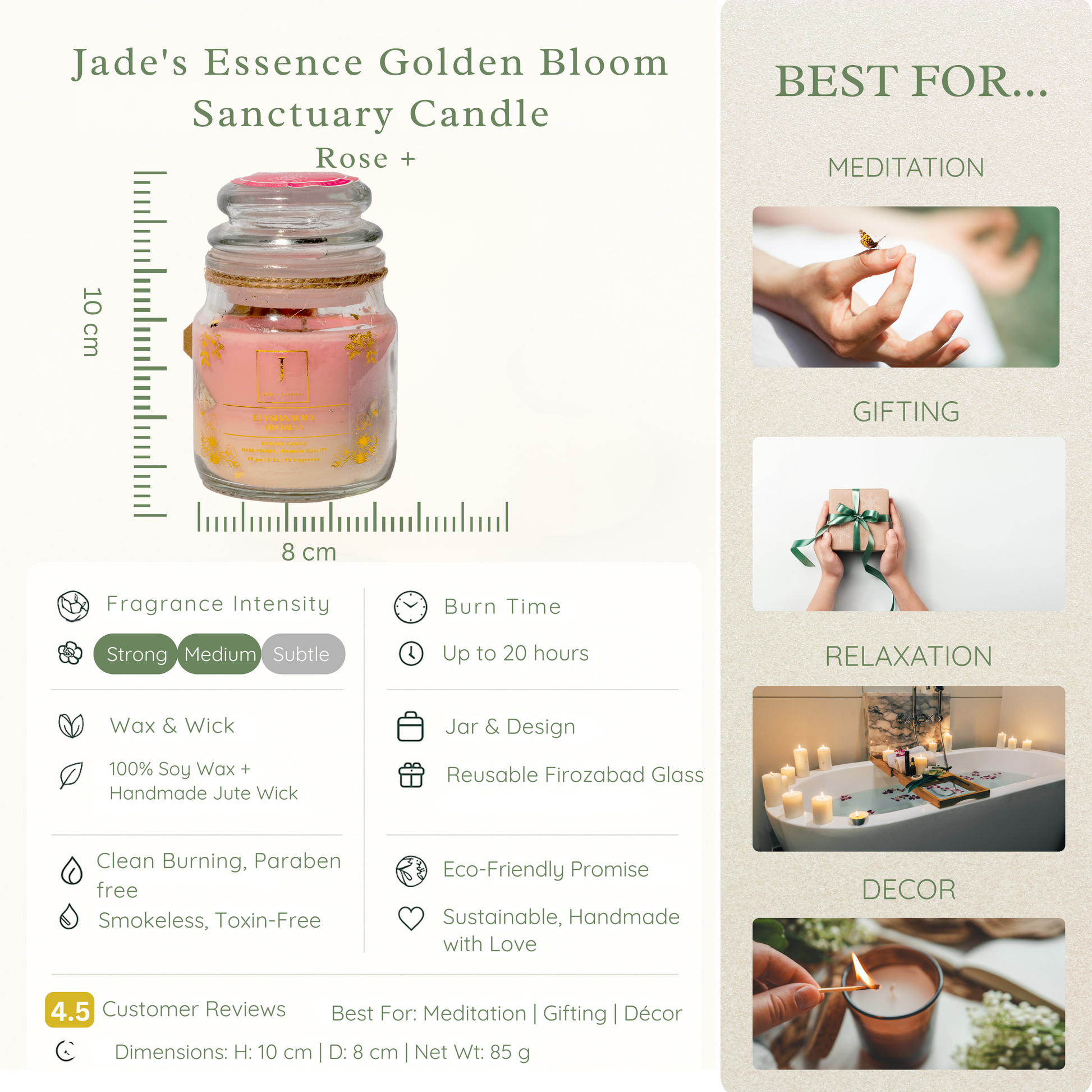 Jade's Essence Golden Bloom Sanctuary Eco friendly candle with product details and usage suggestions.