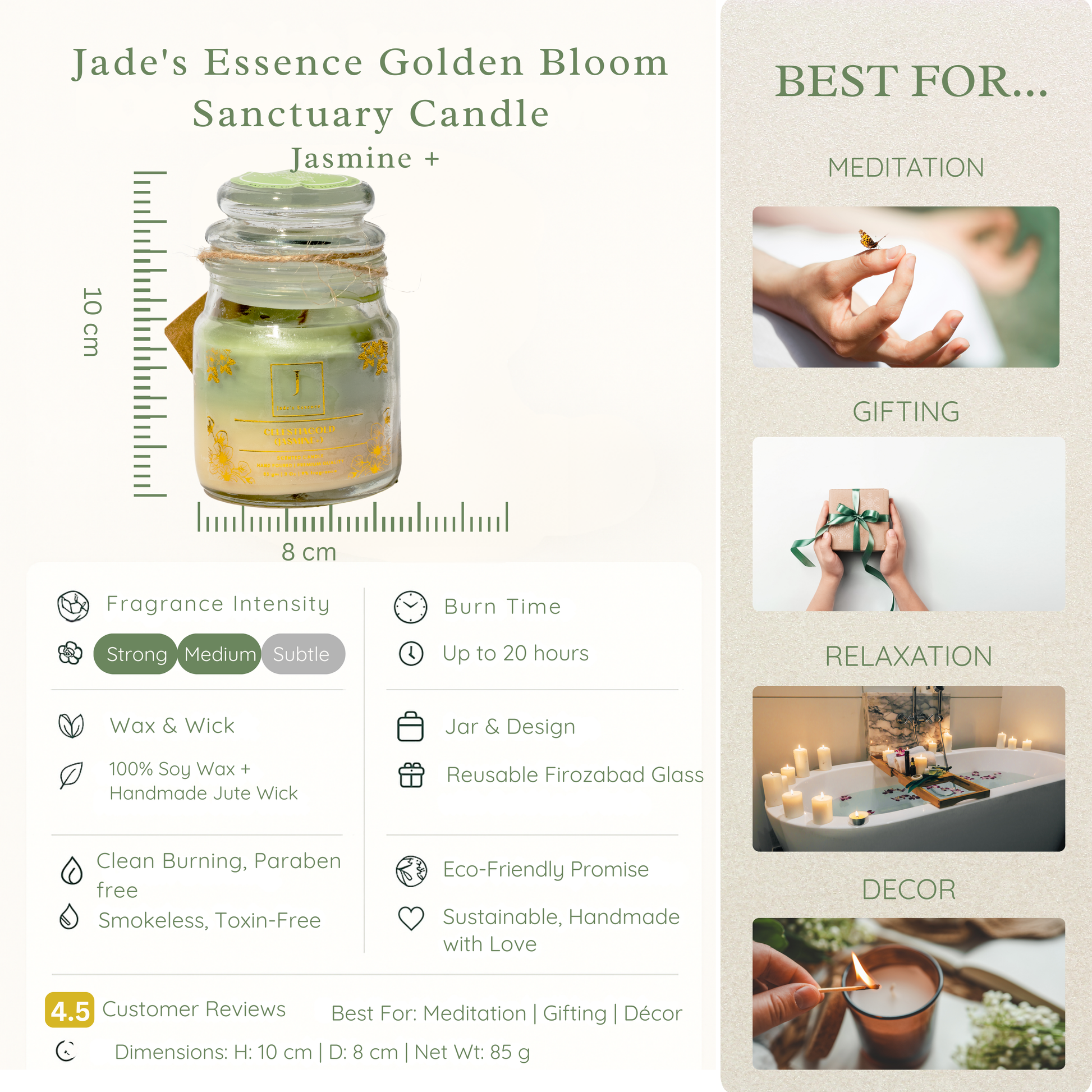 Jade's Essence Golden Bloom Sanctuary Eco friendly candle with product details and usage suggestions.