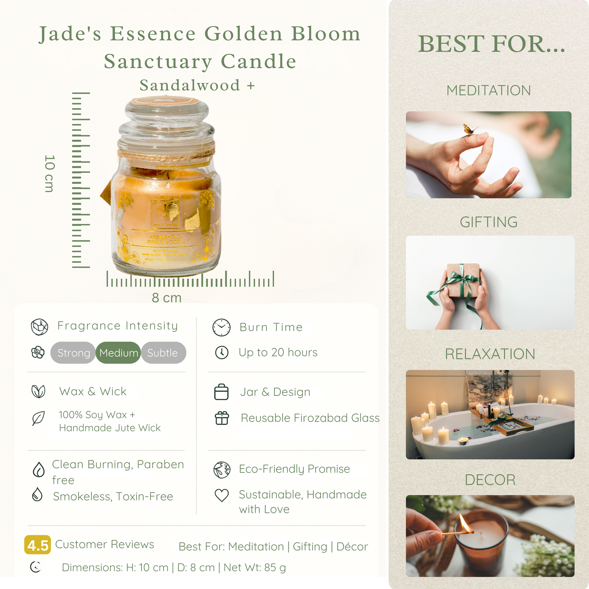 Jade's Essence Eco friendly candle  with product details and usage suggestions.