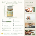 Jade's Essence Golden Bloom Sanctuary Eco friendly candle with product details and usage suggestions.
