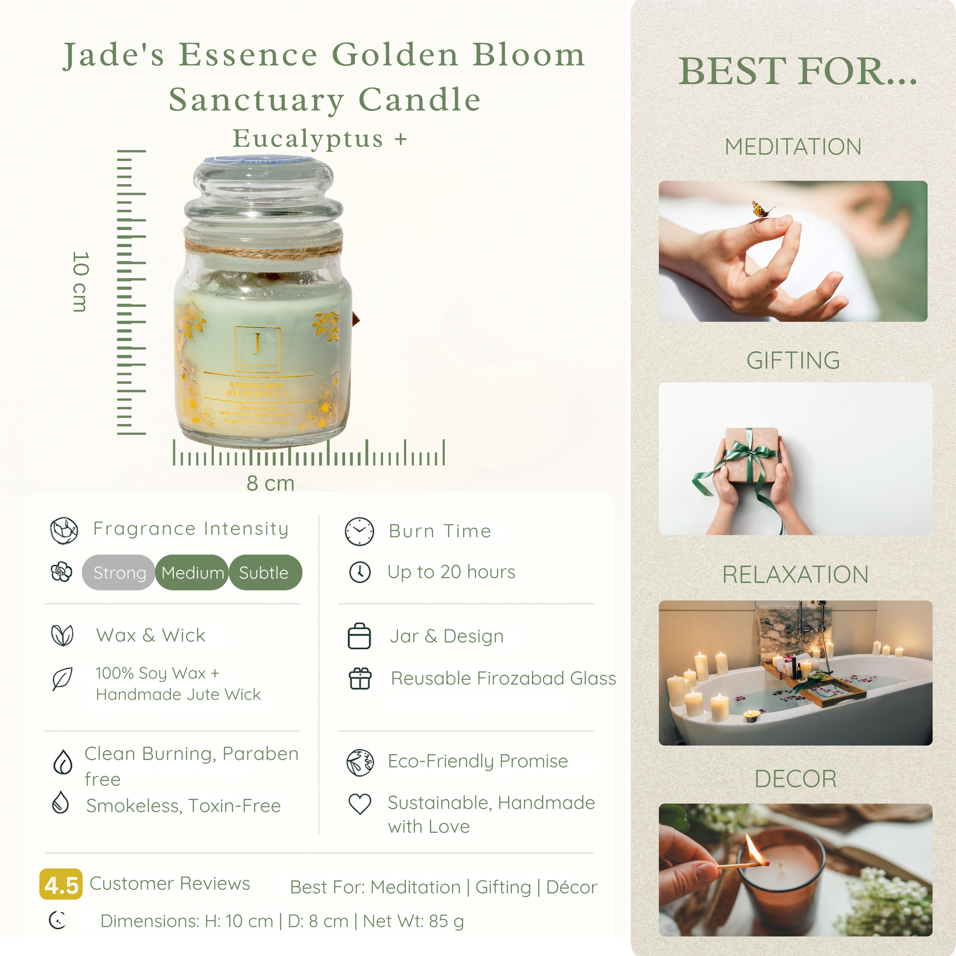 Jade's Essence Golden Bloom Sanctuary Eco friendly candle with product details and usage suggestions.