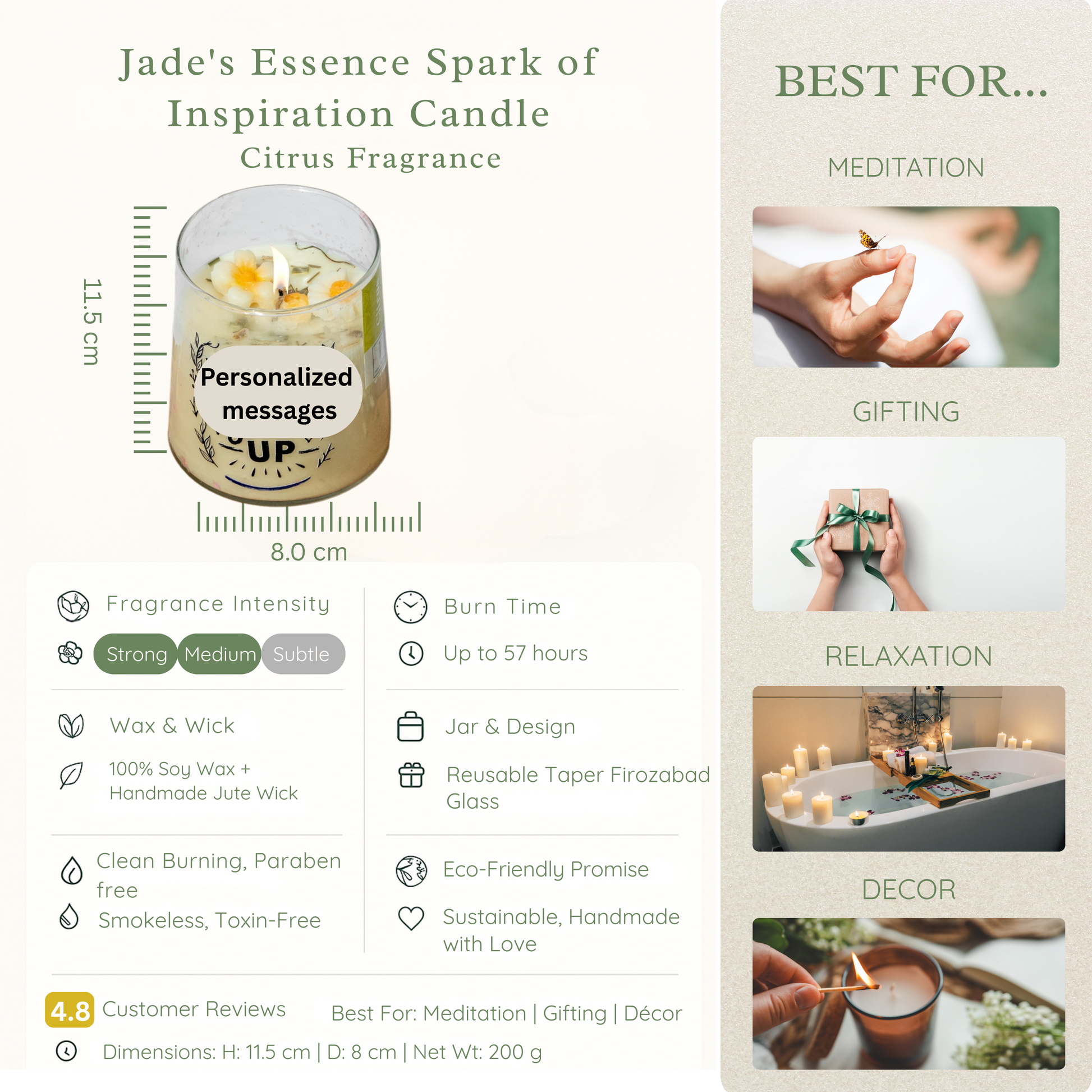 Jade's Essence Spark of Inspiration eco friendly Candle with product details and usage suggestions.