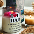 Eco friendly candle gifting with 'I ❤️ Dad' text and a message, surrounded by other candles and decorative items.