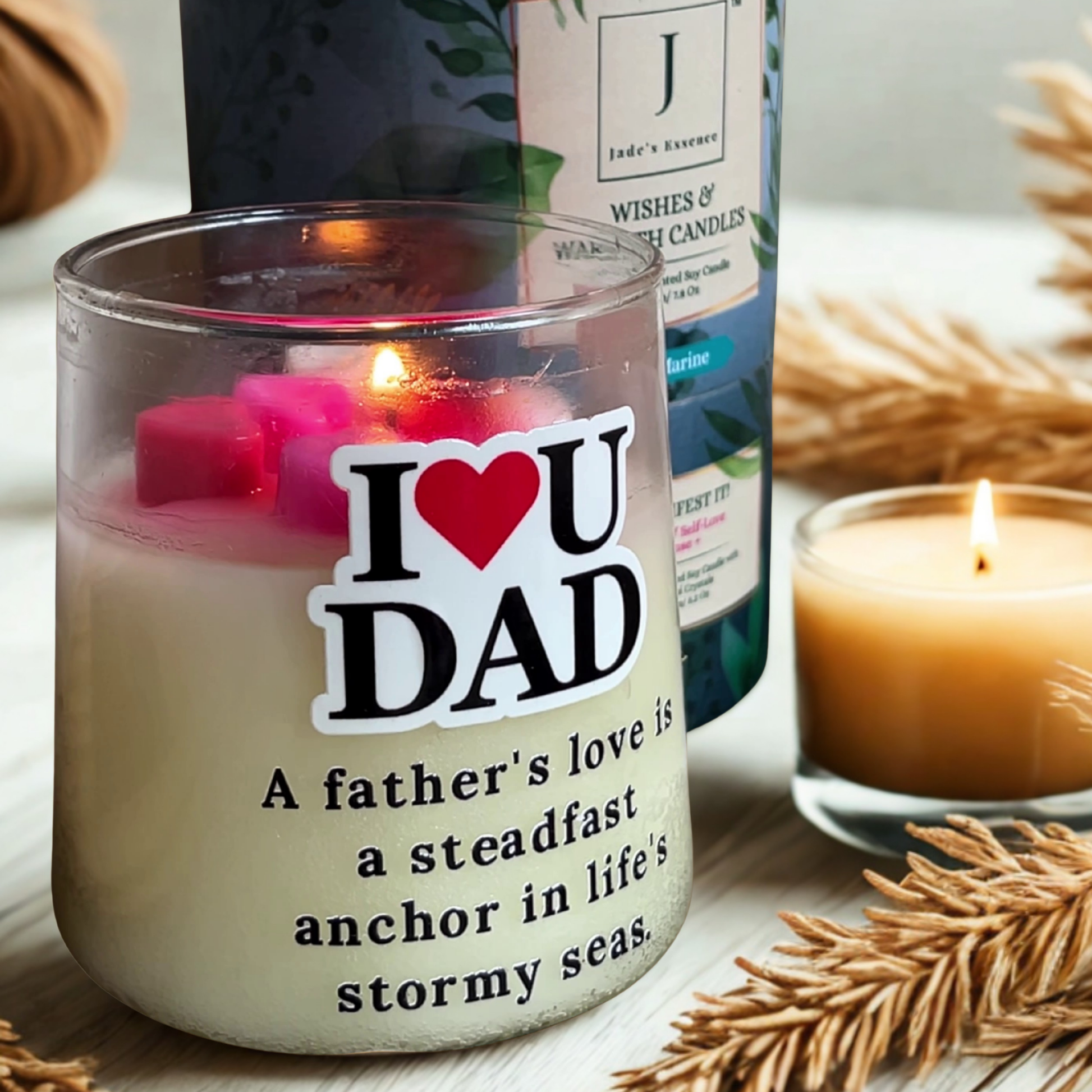 Eco friendly candle gifting with 'I ❤️ Dad' text and a message, surrounded by other candles and decorative items.