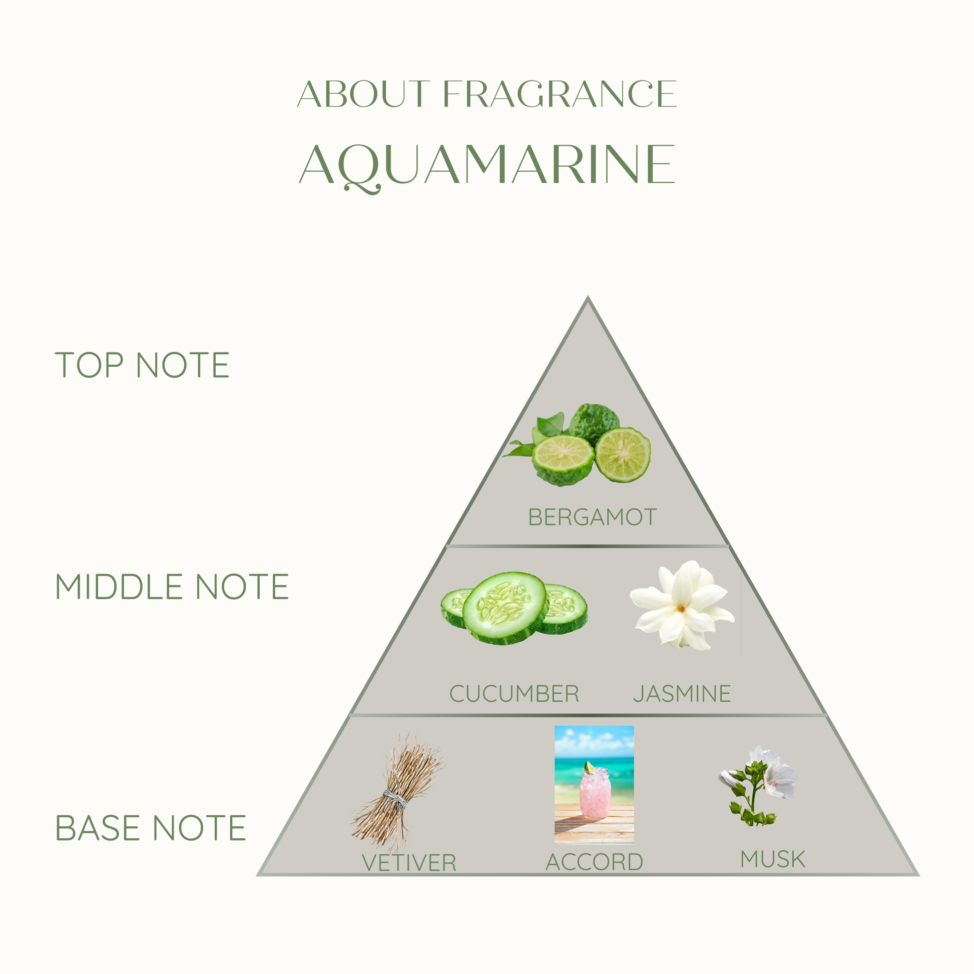 Diagram of a fragrance pyramid labeled 'Aquamarine' with notes on top, middle, and base notes.