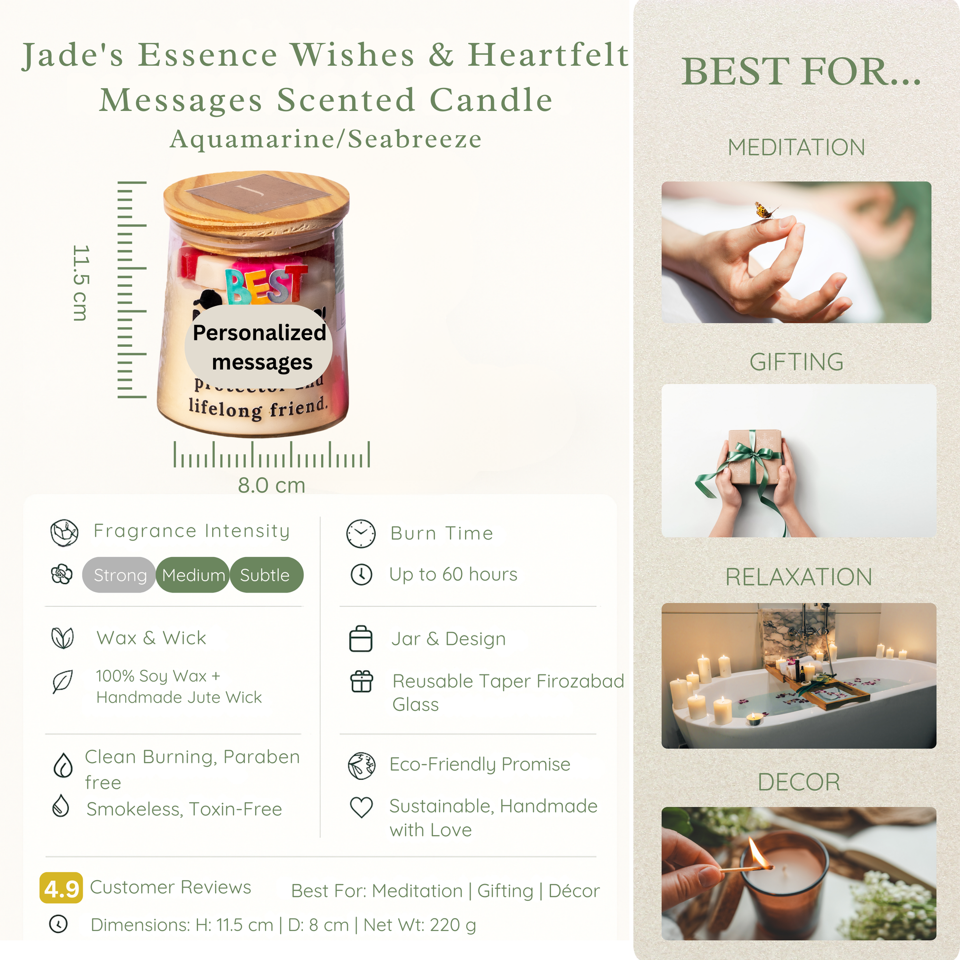 Product description card for a scented candle with dimensions, features, and usage suggestions.