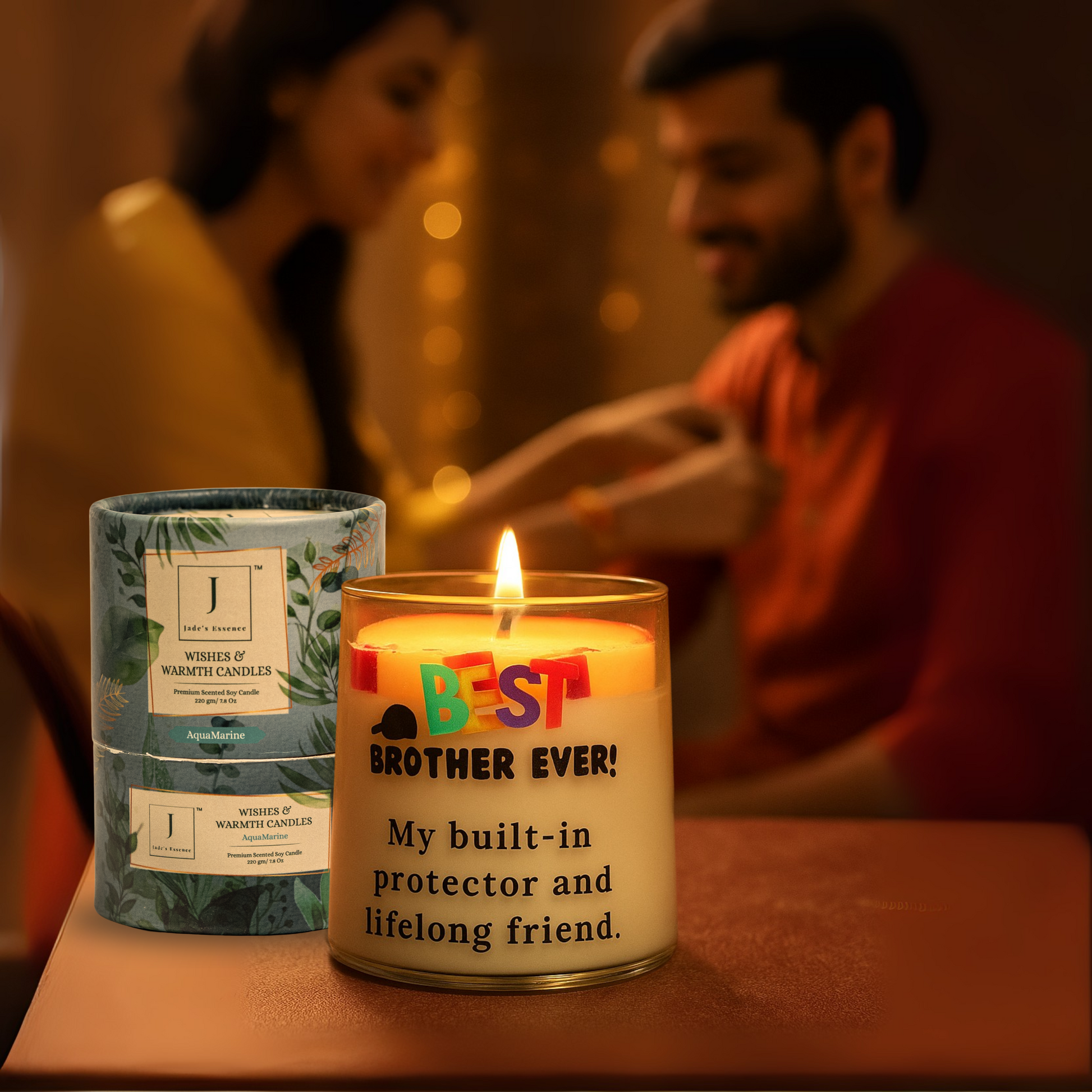 Eco friendly candle gifting with 'Best Brother Ever' text in front of a blurred couple, with a candle labeled 'Wishes of Warmth' in the background.