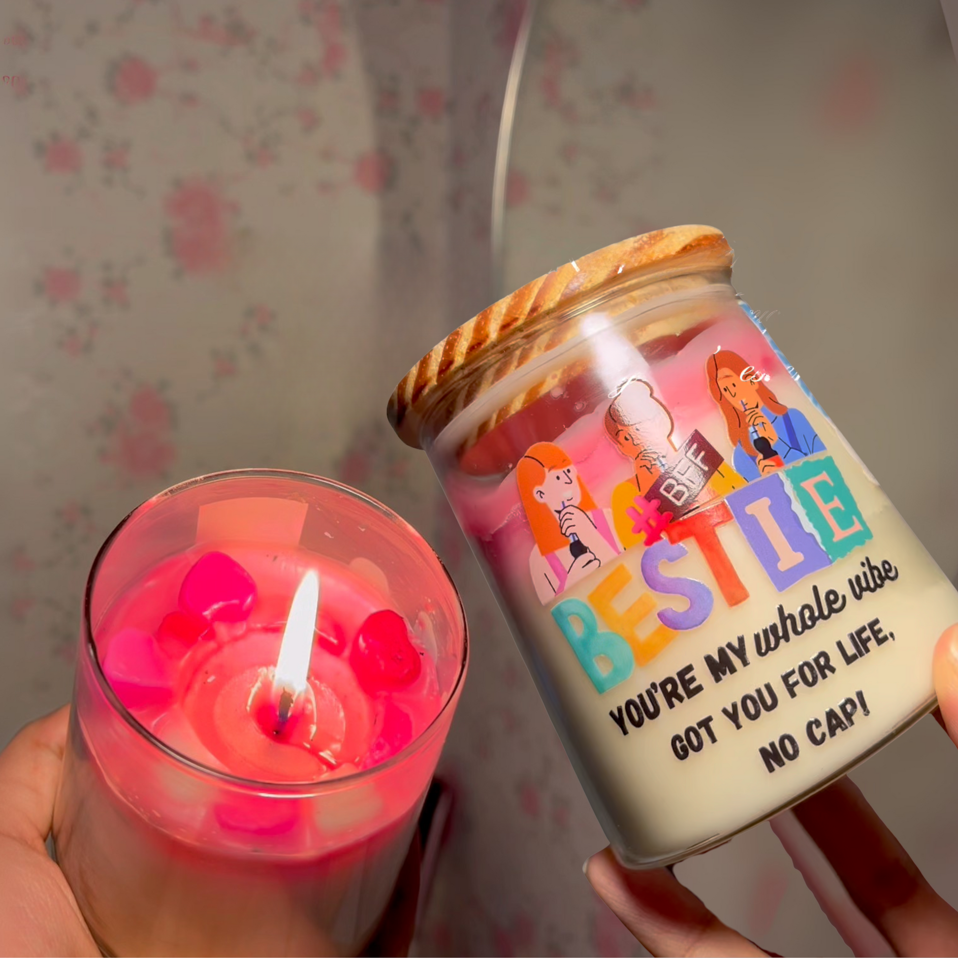 Eco friendly candle gifting with a decorative jar labeled 'BFF' and text, held by a person.