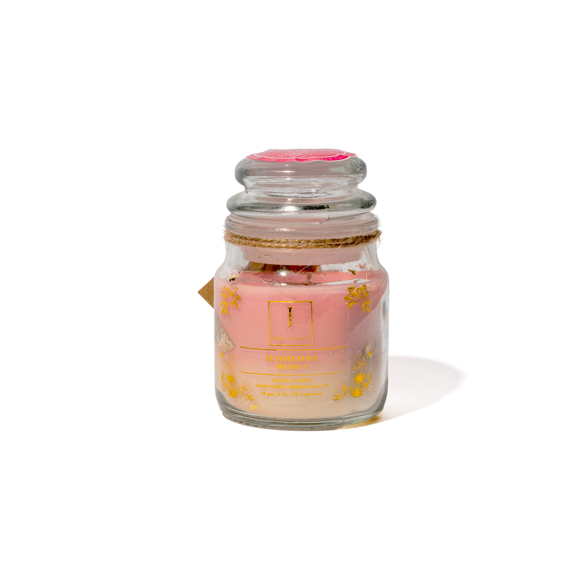 ecofriendly GIFTING  Pink candle in a glass jar with a label on a white background