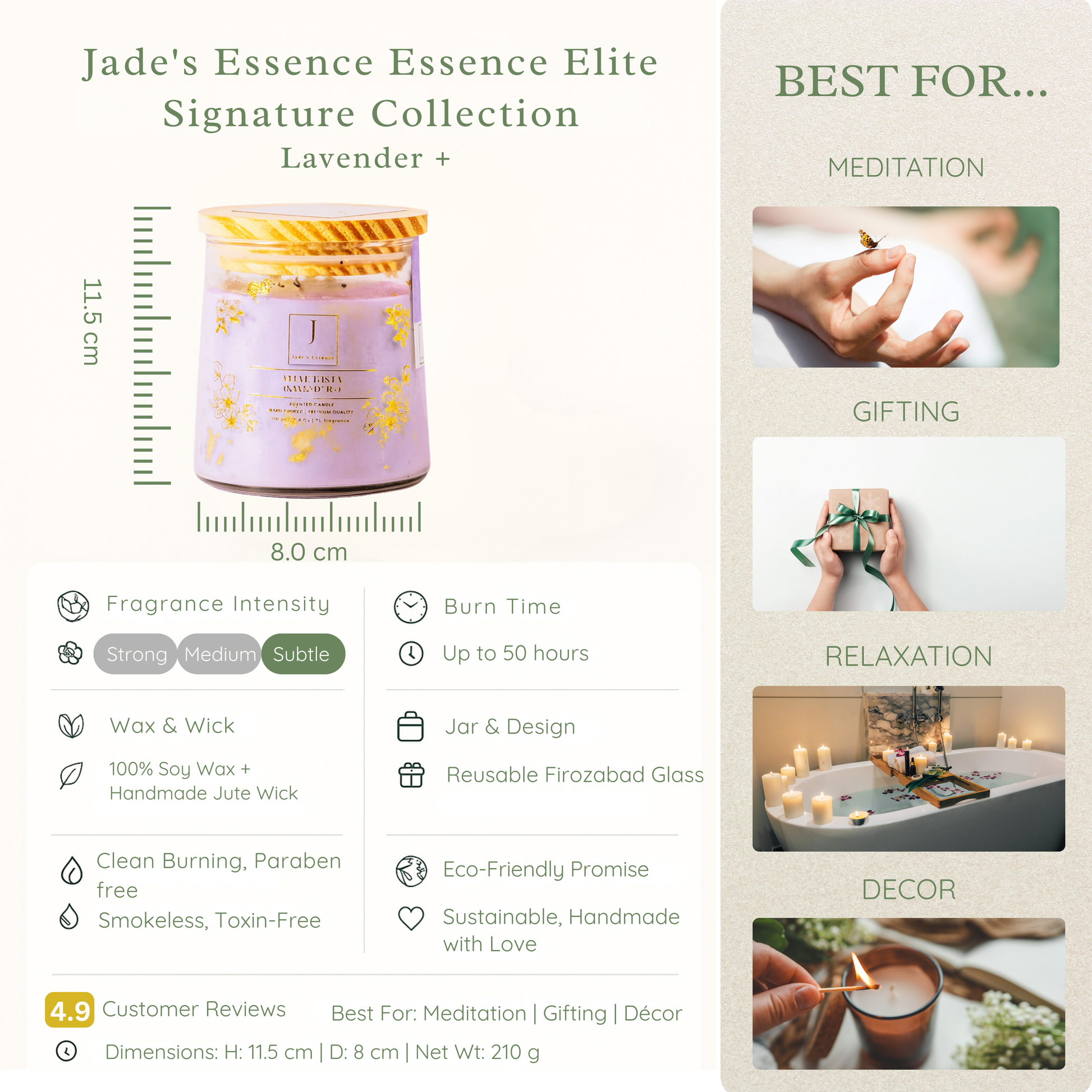 Jade's Essence Eco friendly candle with product details and usage suggestions on a light beige background