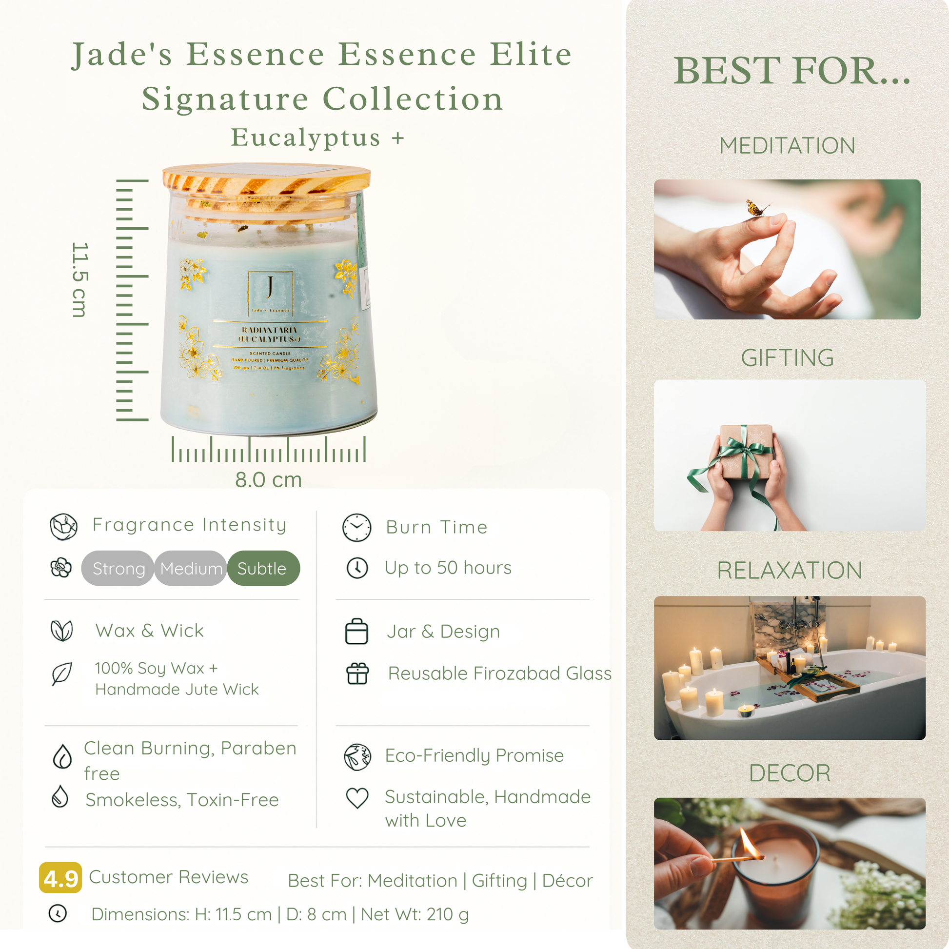 Eco friendly candle jar with product details and usage suggestions on a light background