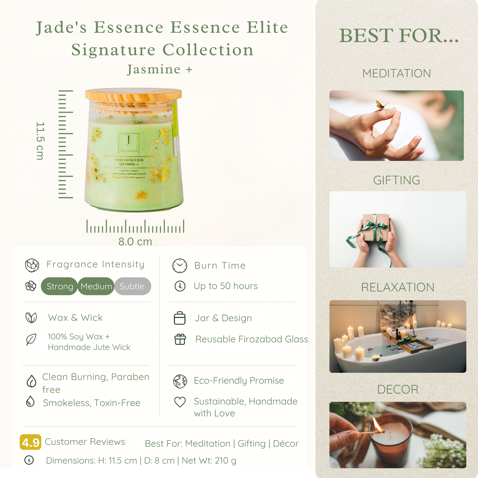 Jade's Essence Eco friendly candle with product details and usage suggestions on a white background