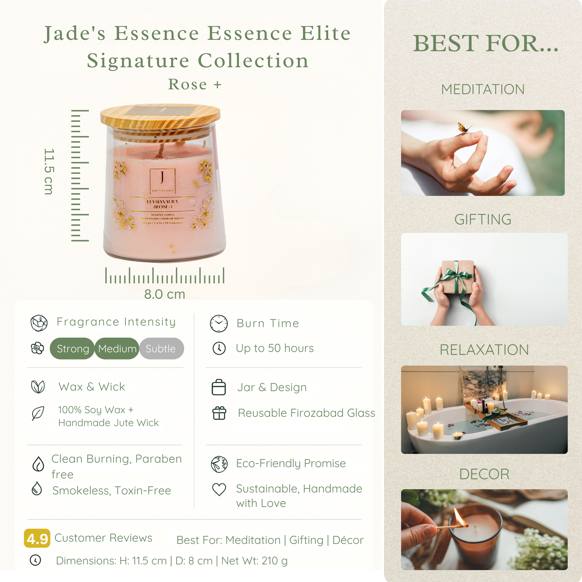 Eco friendly candle with product details and usage suggestions on a light beige background