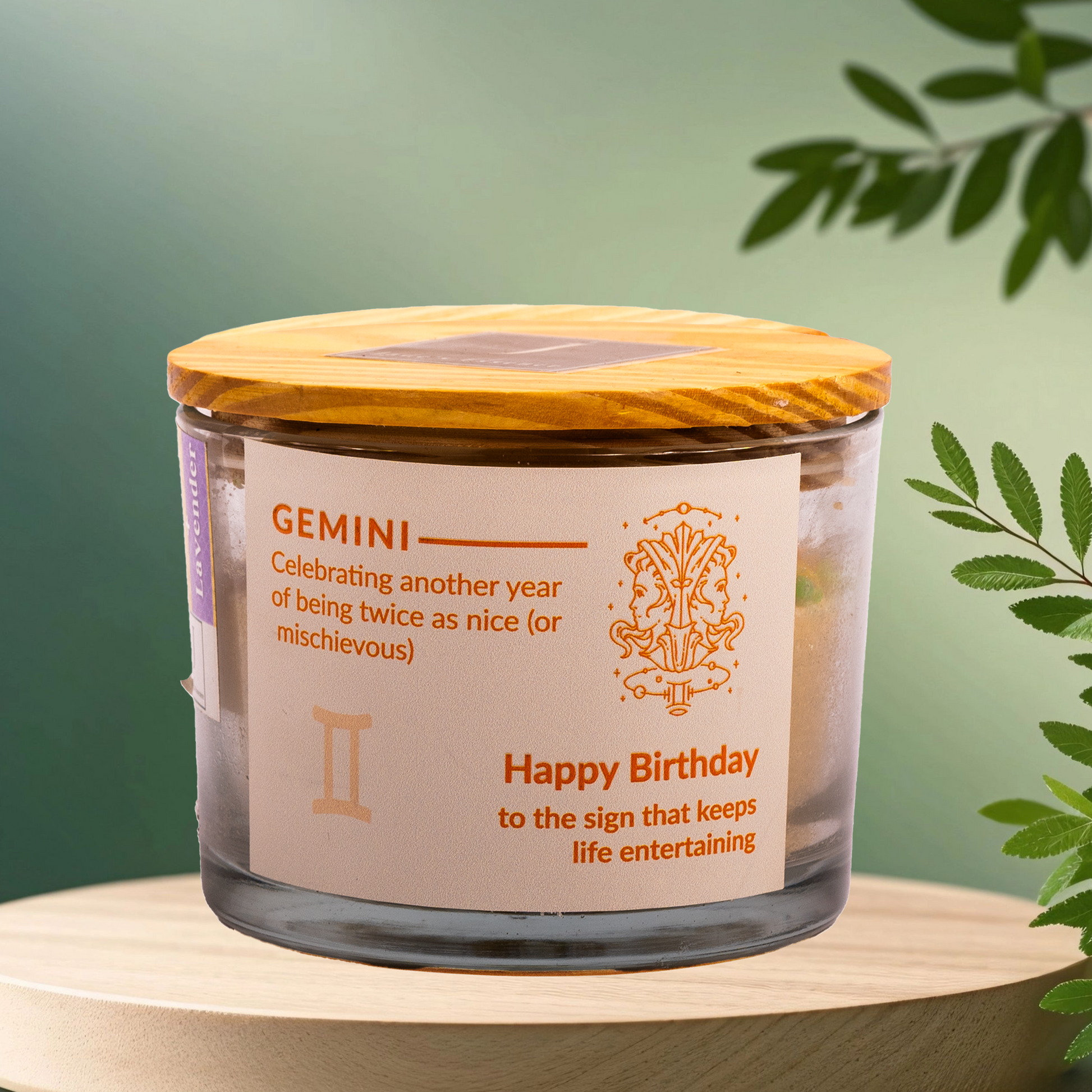 Gemini-inspired candle with a fresh, airy scent, perfect for Gemini's curious and lively nature.