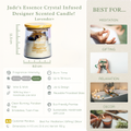 Jade's Essence Crystal Infused Designer Scented Candle with product details and usage suggestions.