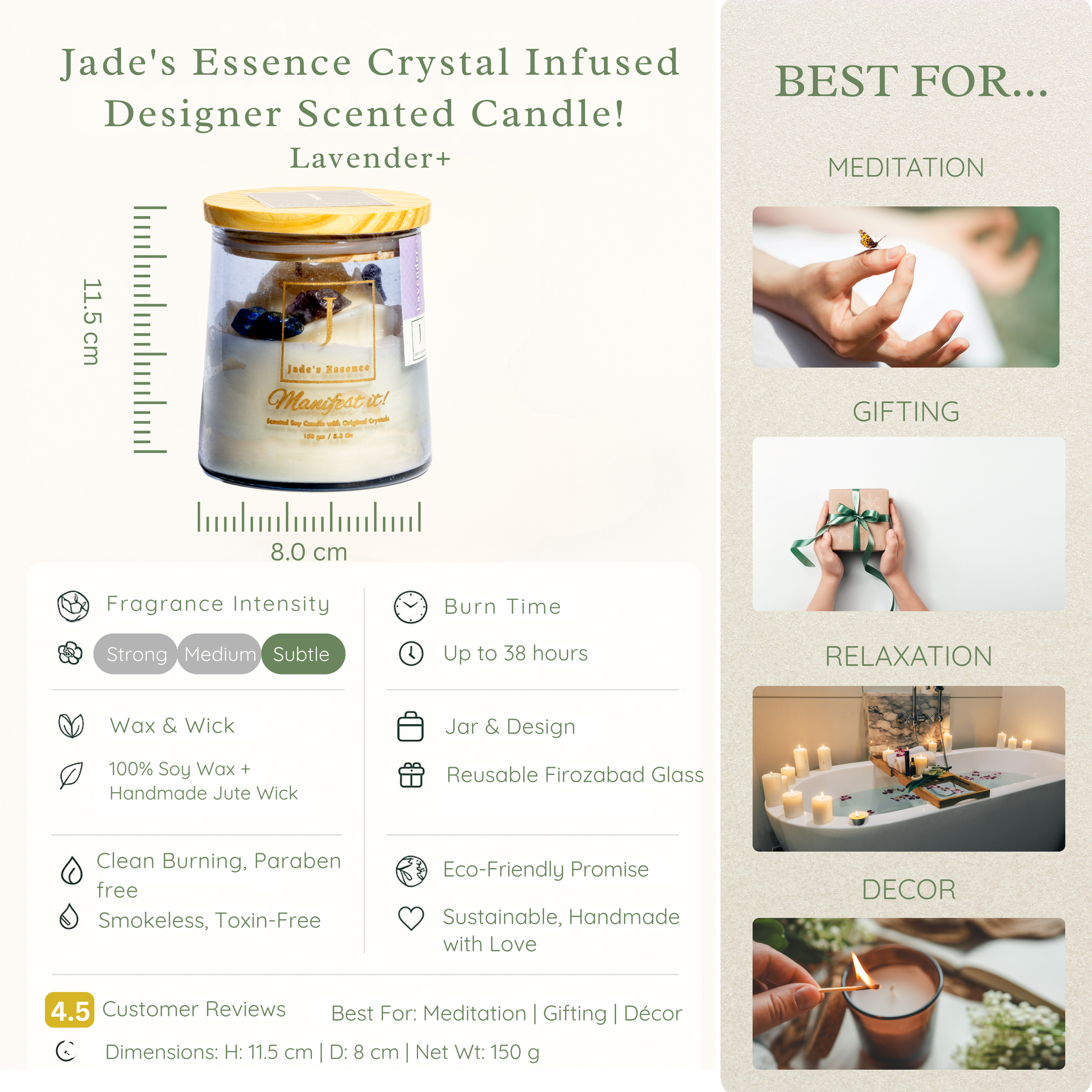 Jade's Essence Crystal Infused Designer Scented Candle with product details and usage suggestions.
