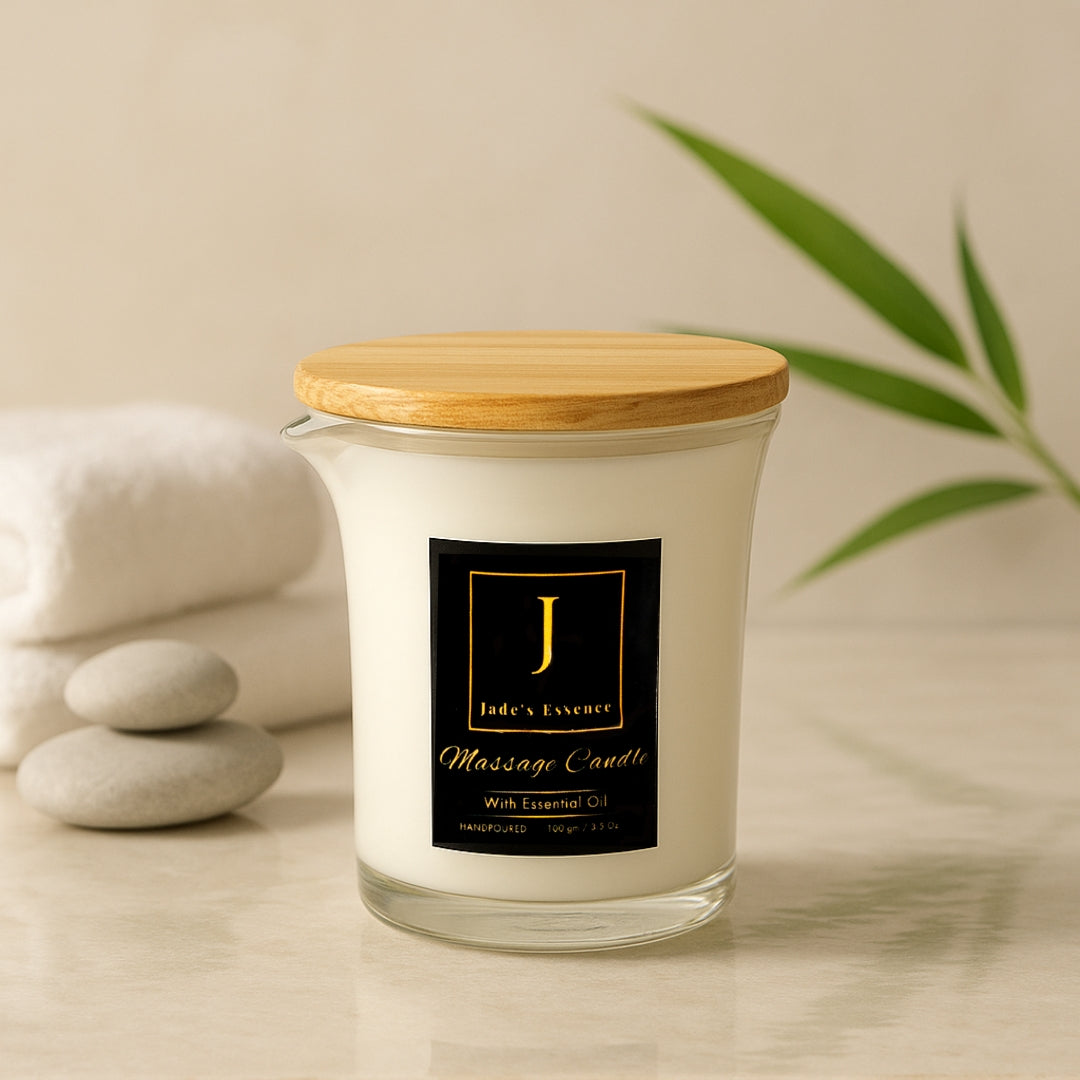 Massage candle with wooden lid on a neutral background